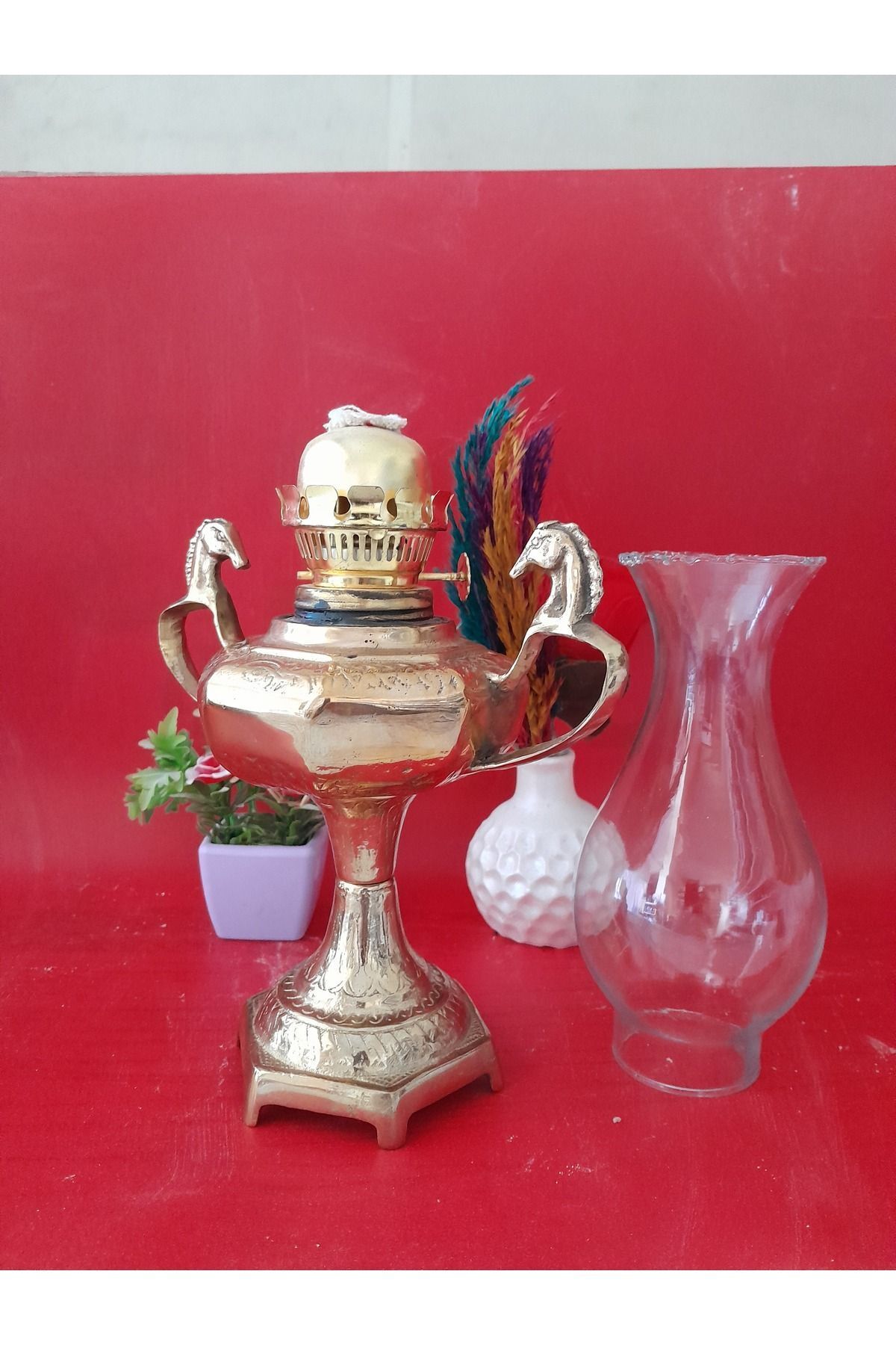 ELVANDAN-AL Gaz lambası pirinç atlı figürü