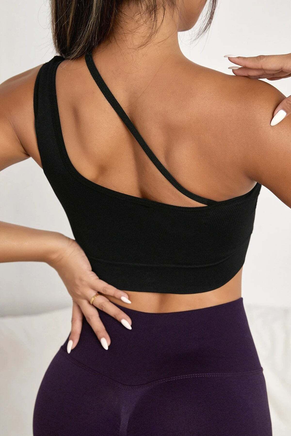 Ethab Ticaret Kadın Siyah Tek Omuzlu Çapraz Askılı Crop Top Büstiyer