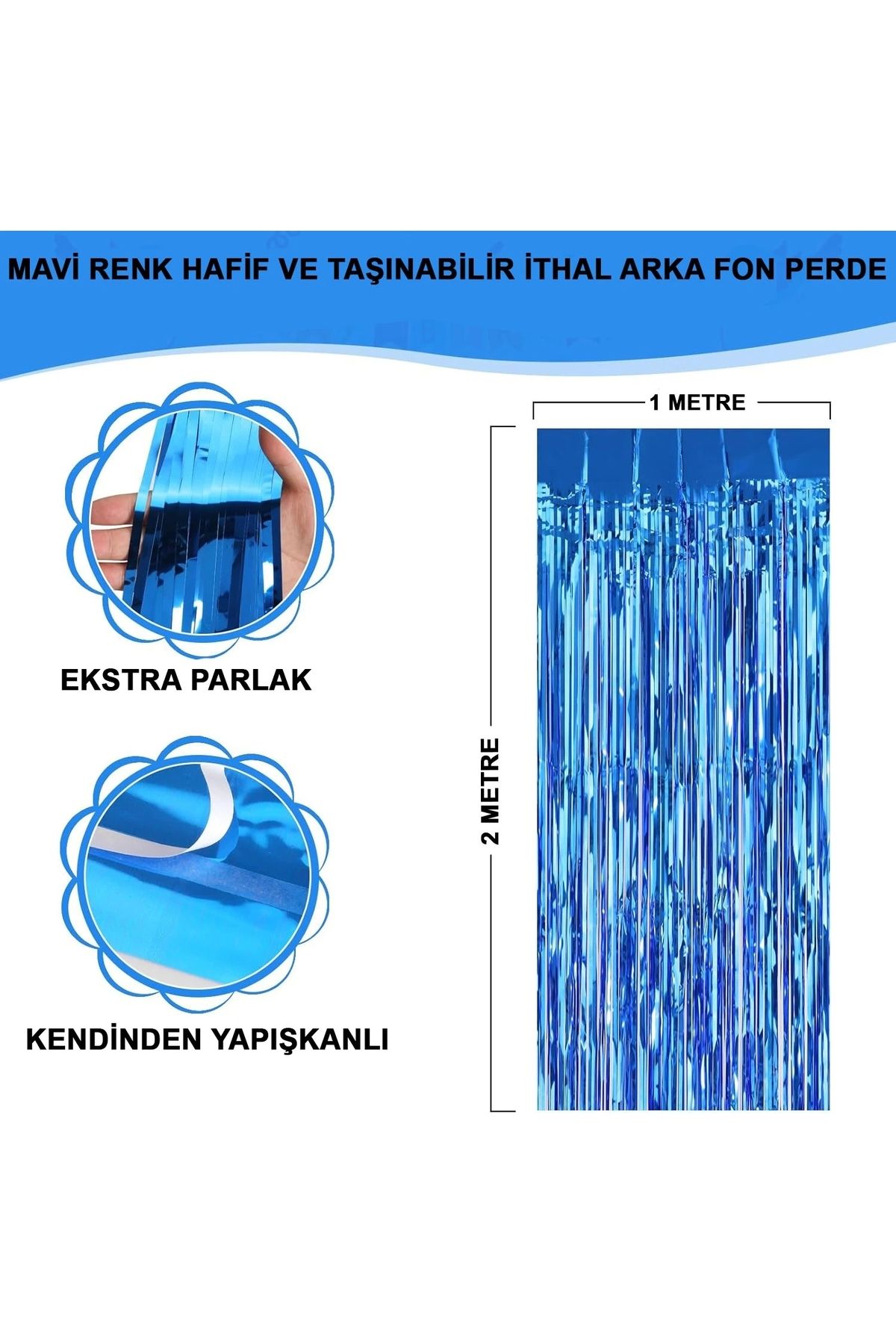STOREMAX Mavi Renk Ekstra Metalize Parlak Saçaklı Arka Fon Perde İthal A Kalite 1x2 Metre (5047)