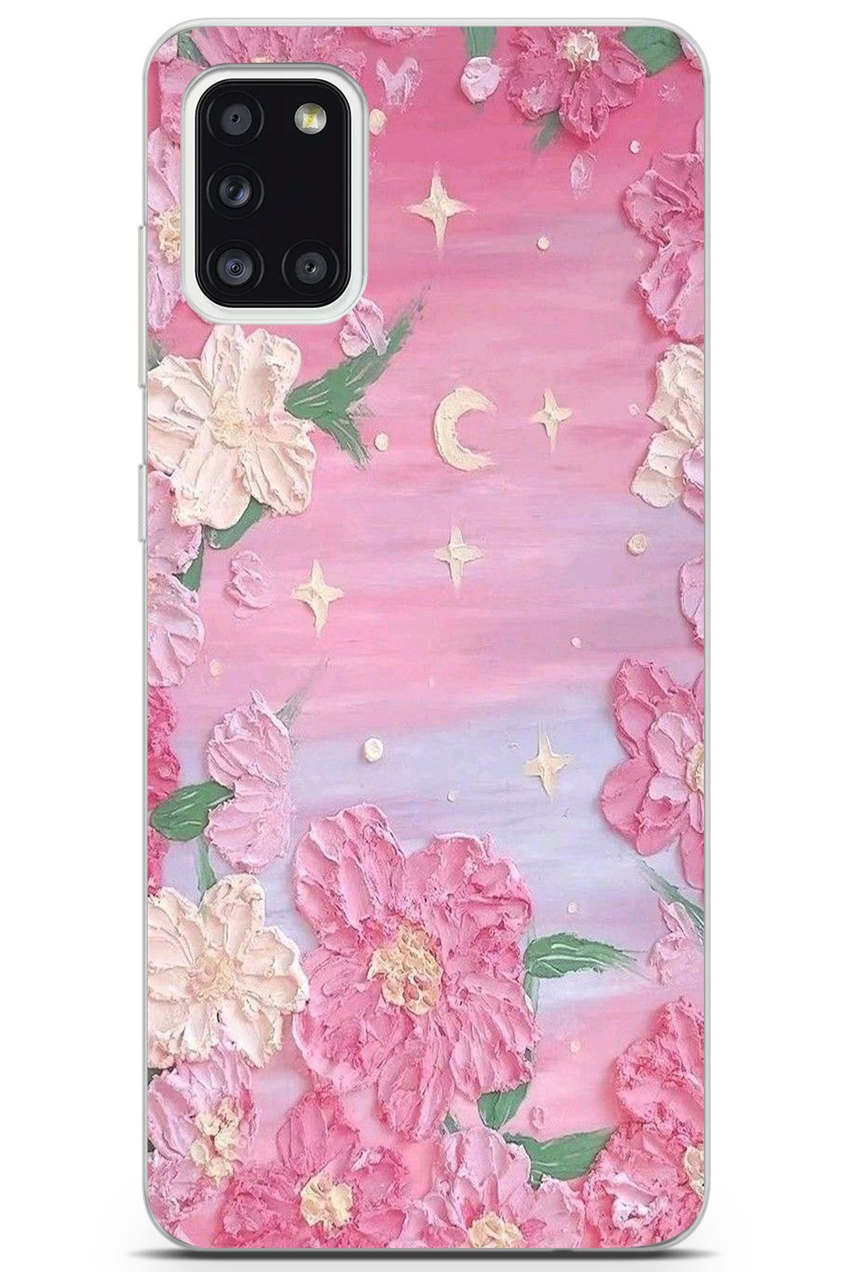 moonset Samsung Galaxy A31 Uyumlu Pastel Çiçekler Tasarımlı Baskılı Şeffaf Telefon Kılıfı