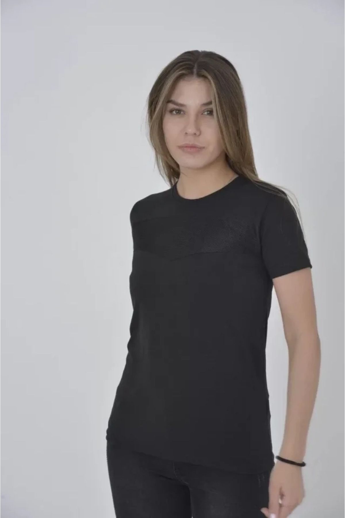ARUZ MODA Gögüs Fileli Slim Fit T-shirt - Siyah