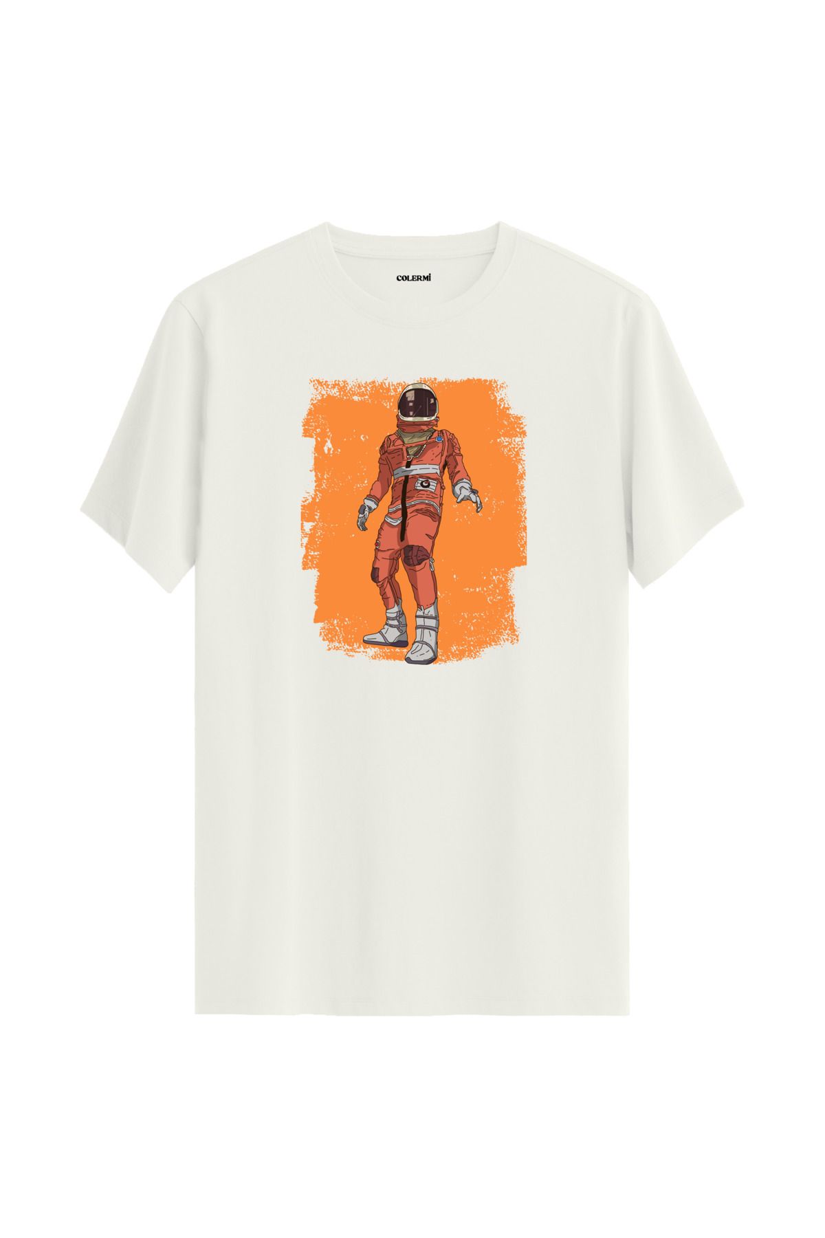 Colermi Turuncu Astronot Grafik Baskılı Unisex %100 Pamuk Ekru Tshirt