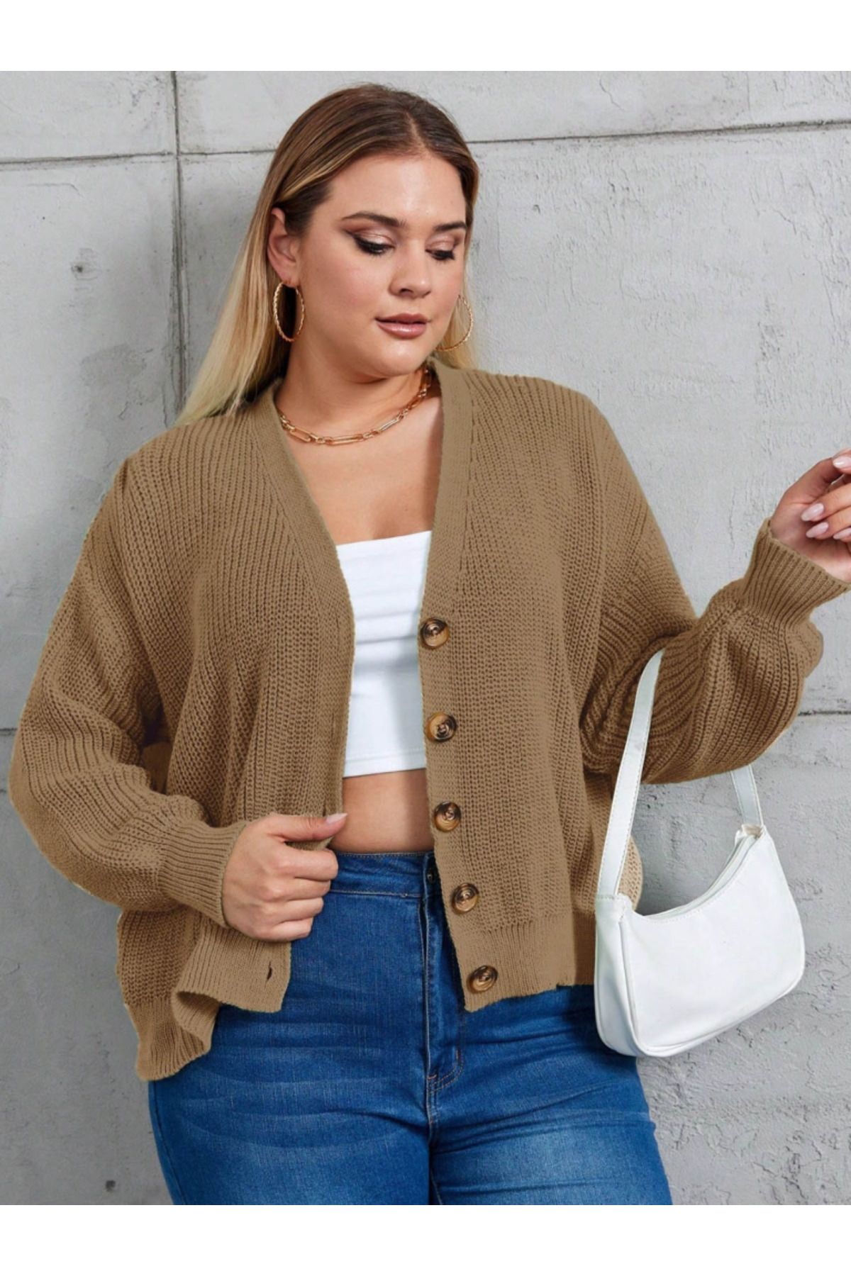 ARUZ MODA Kadın Beş Düğme Büyük Beden Triko Hırka