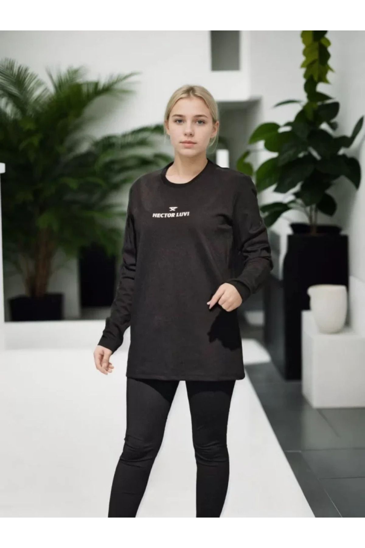 ARUZ MODA Unisex Bisiklet Yaka Uzun Kollu T-Shirt - Siyah