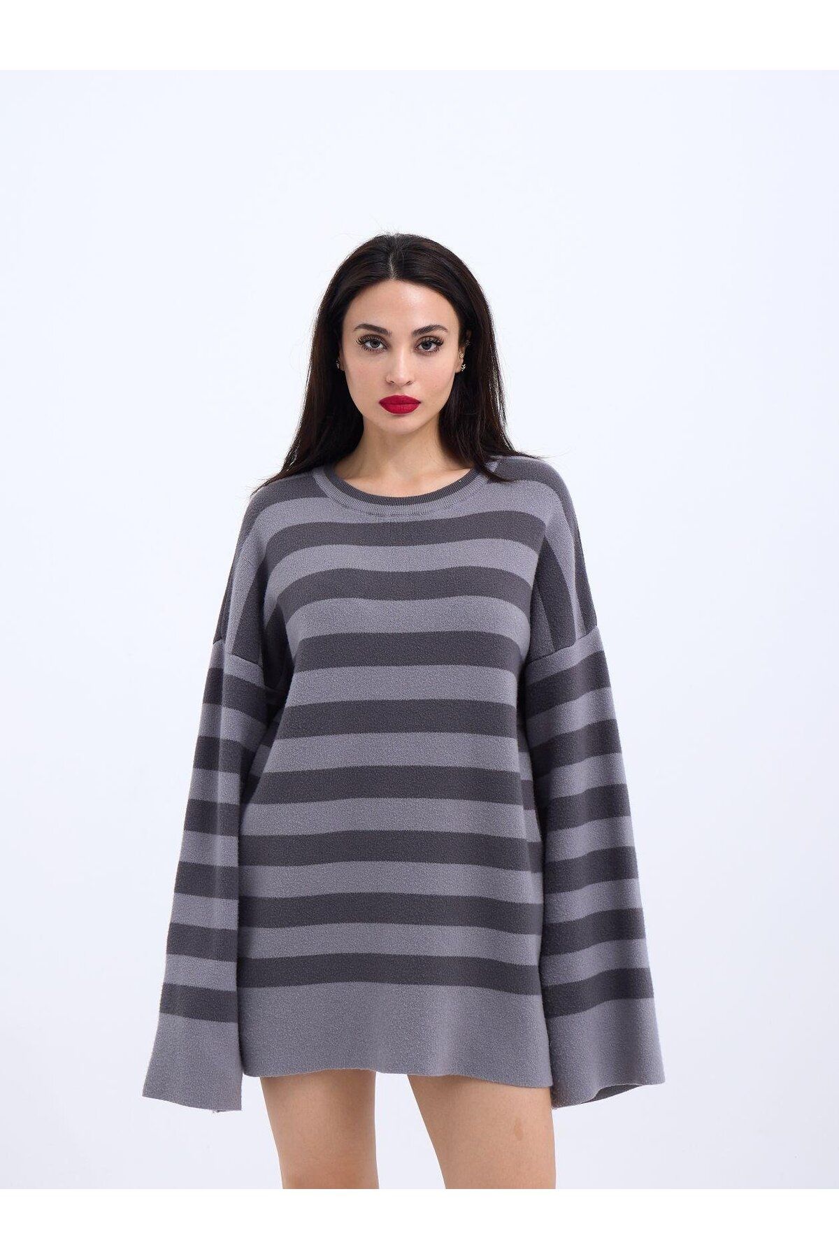 ARUZ MODA 42291 TRİKO ÇİZGİLİ SALAŞ KAZAK-GRİ-ANTRASİT