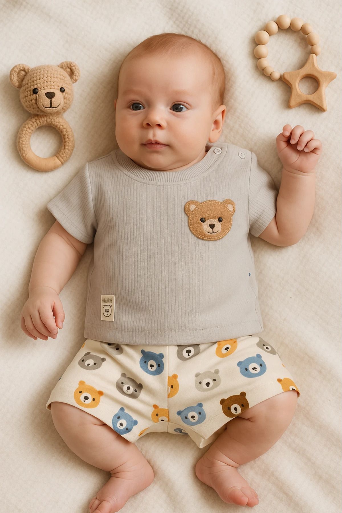 HAVUÇ BEBEK Kiddimax Yazlık Süzene Ayıcık Nakışlı Raporlu Kumaş 2’li Bebek Takım