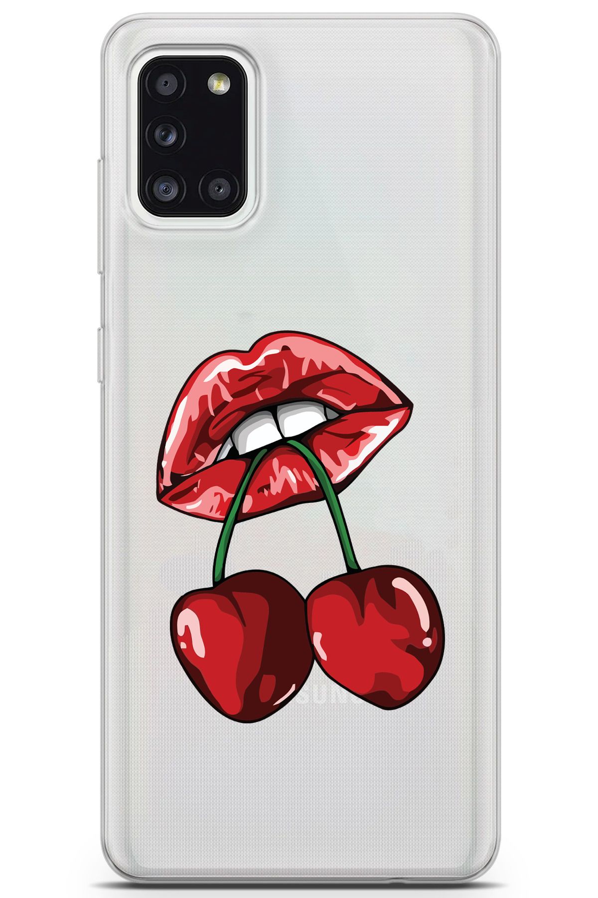 moonset Samsung Galaxy A31 Uyumlu Dudak ve Kiraz Tasarımlı Baskılı Şeffaf Telefon Kılıfı