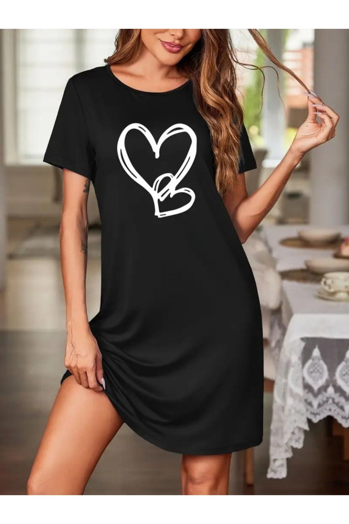 ARUZ MODA Kadın Kısa Kollu Bisiklet Yaka Kalp Desenli Viskon Elbise