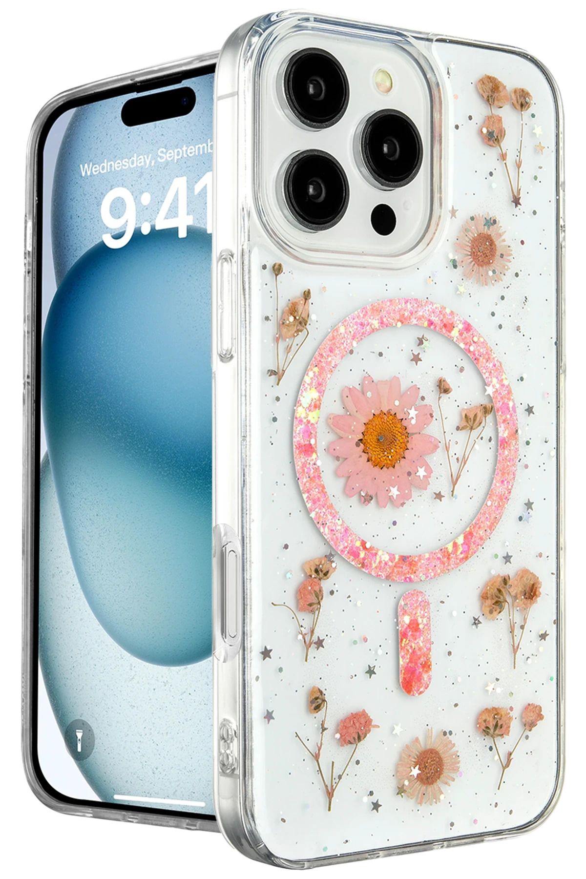 NewFace iPhone 16 Pro Kılıf Daisy Simli Magsafe Kapak - Pembe BSTMY