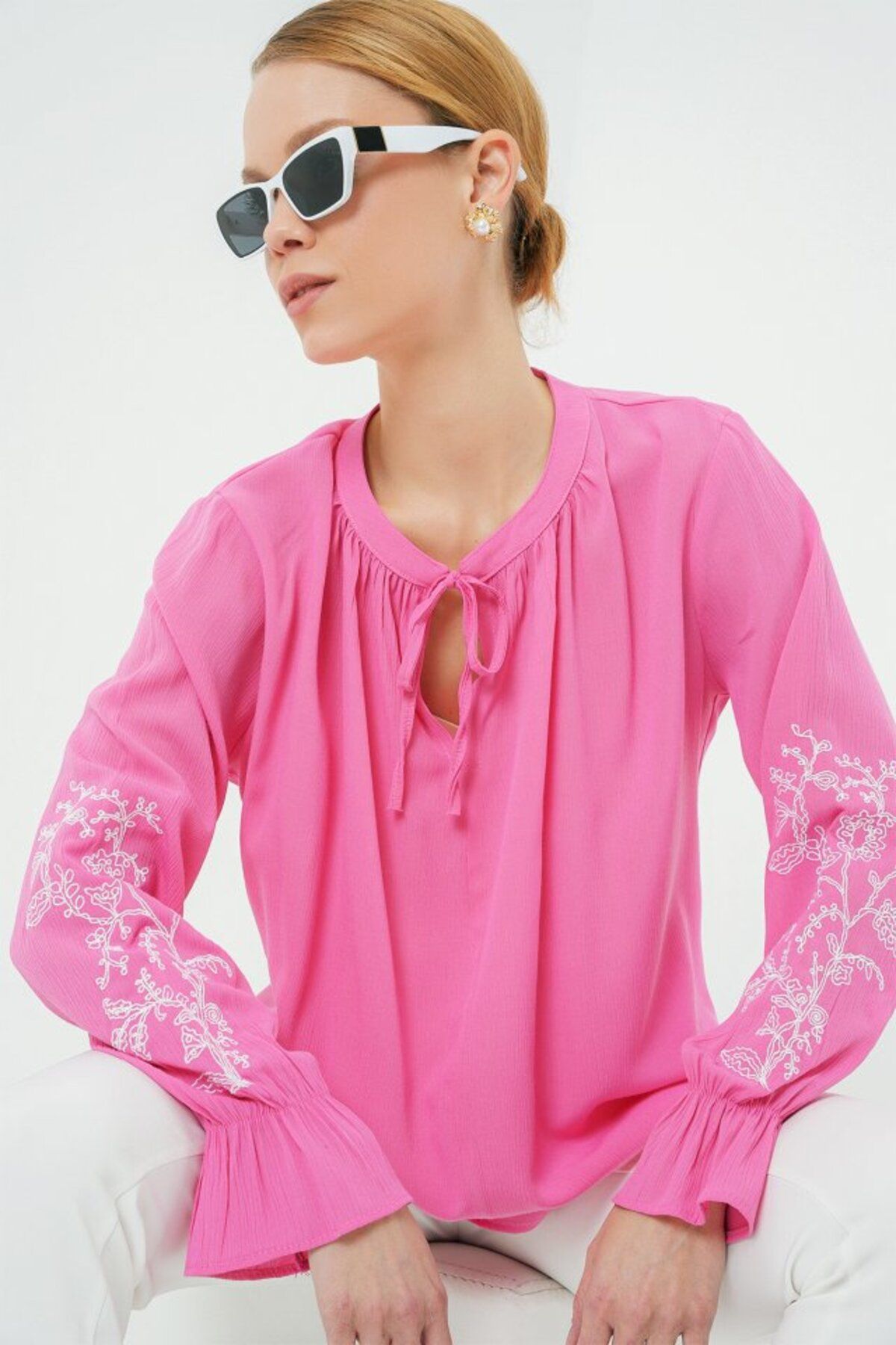 ARUZ MODA Nakışlı Örme Bluz 941 - Pembe