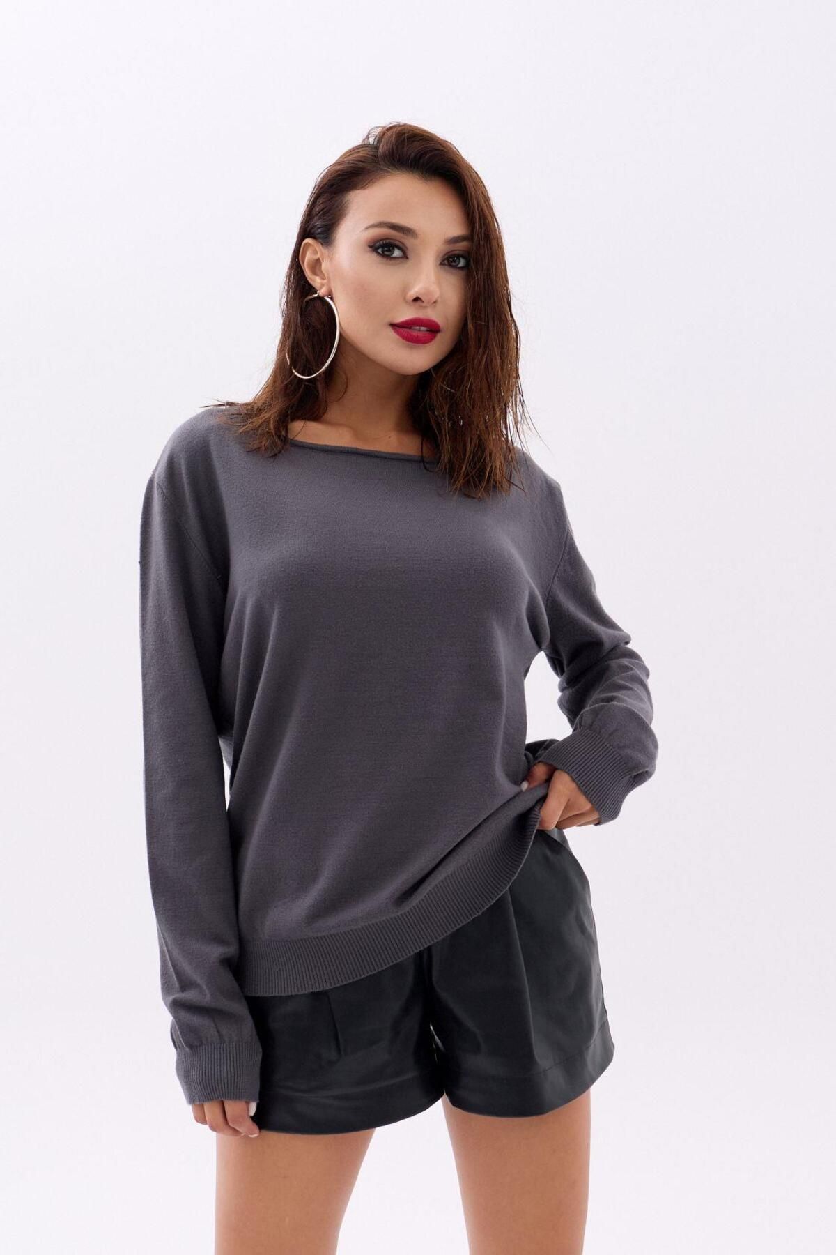 ARUZ MODA 4216 TRİKO DÜZ SALAŞ KAZAK-ANTRASİT