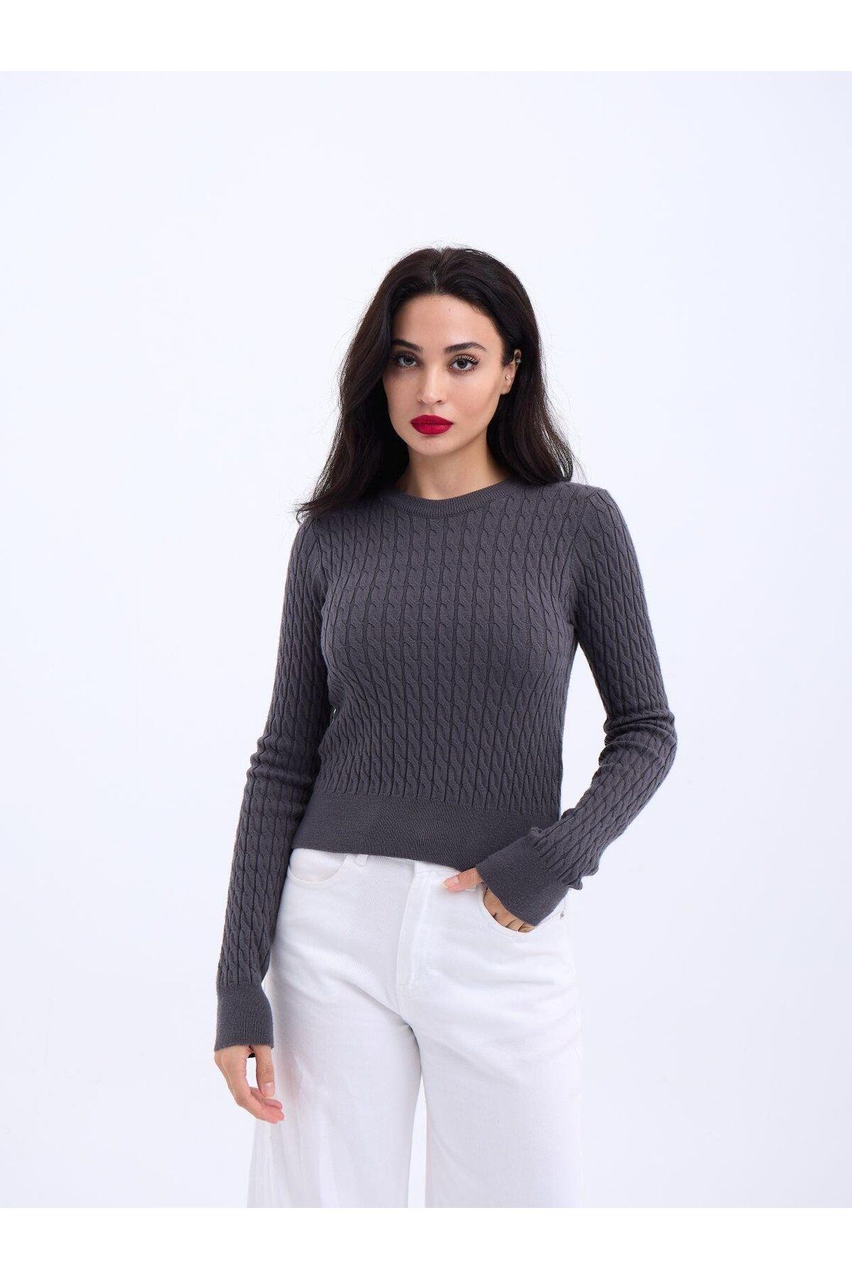 ARUZ MODA 4211 TRİKO SAÇ ÖRGÜ KAZAK-ANTRASİT