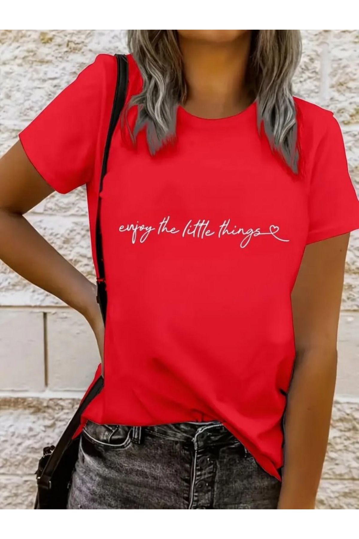 ARUZ MODA Kadın Kısa Kollu önü Yazı Baskılı Basic Süprem Bluz