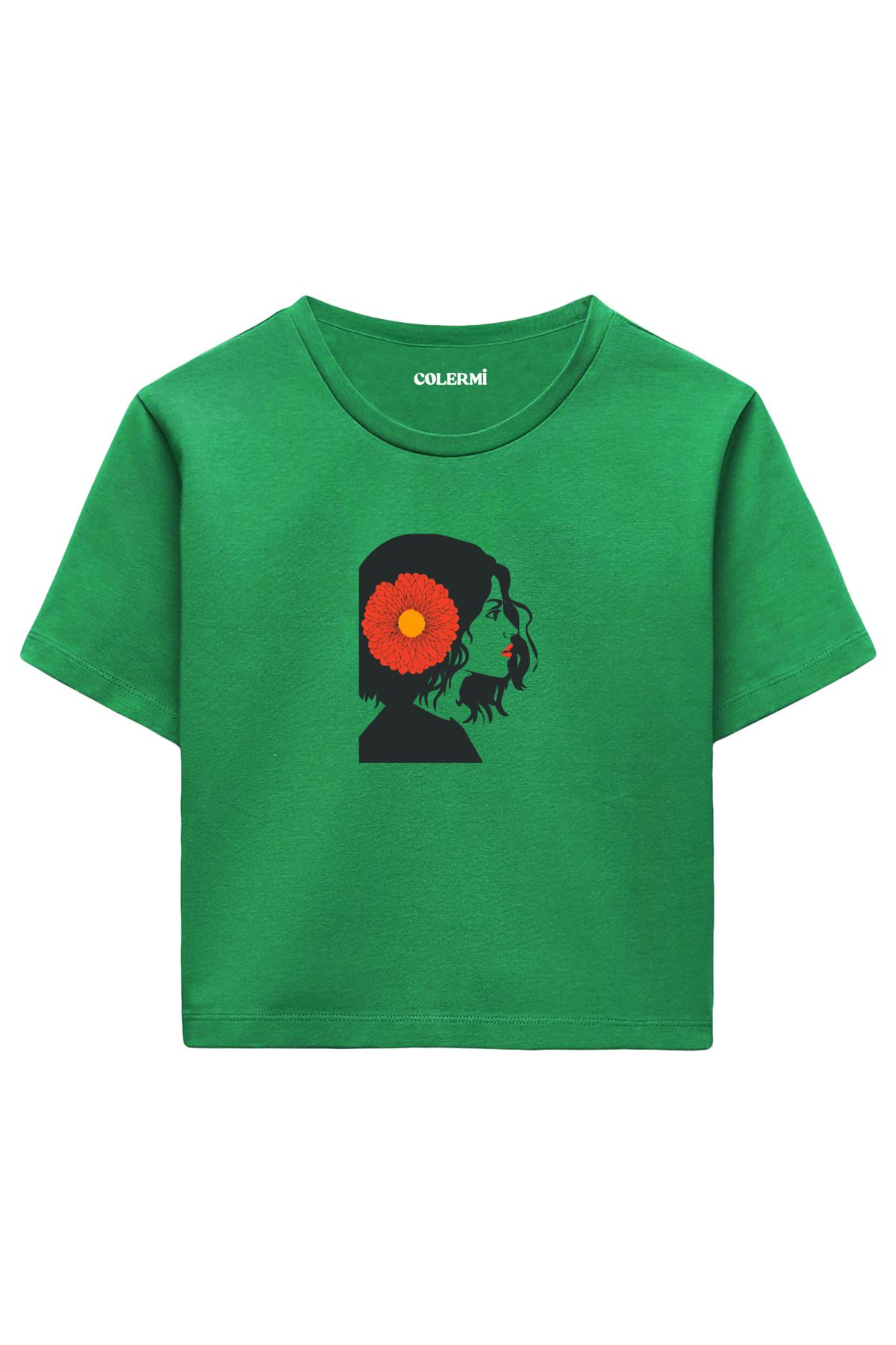 Colermi Çiçek Desenli COOL Yazılı %100 Pamuk Kadın Crop Tshirt
