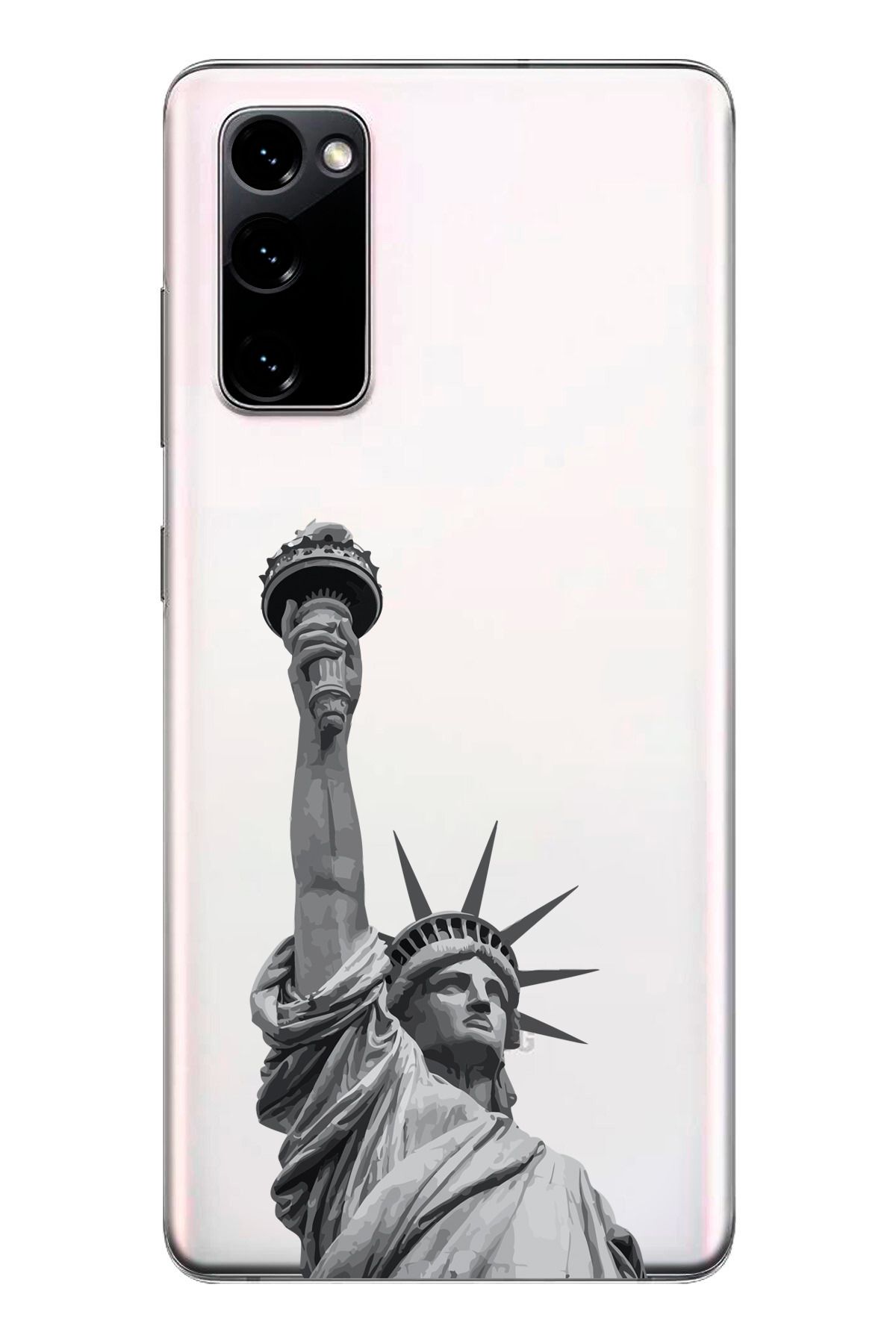 moonset Samsung Galaxy S20 FE Uyumlu Özgürlük Heykeli Tasarımlı Baskılı Şeffaf Telefon Kılıfı