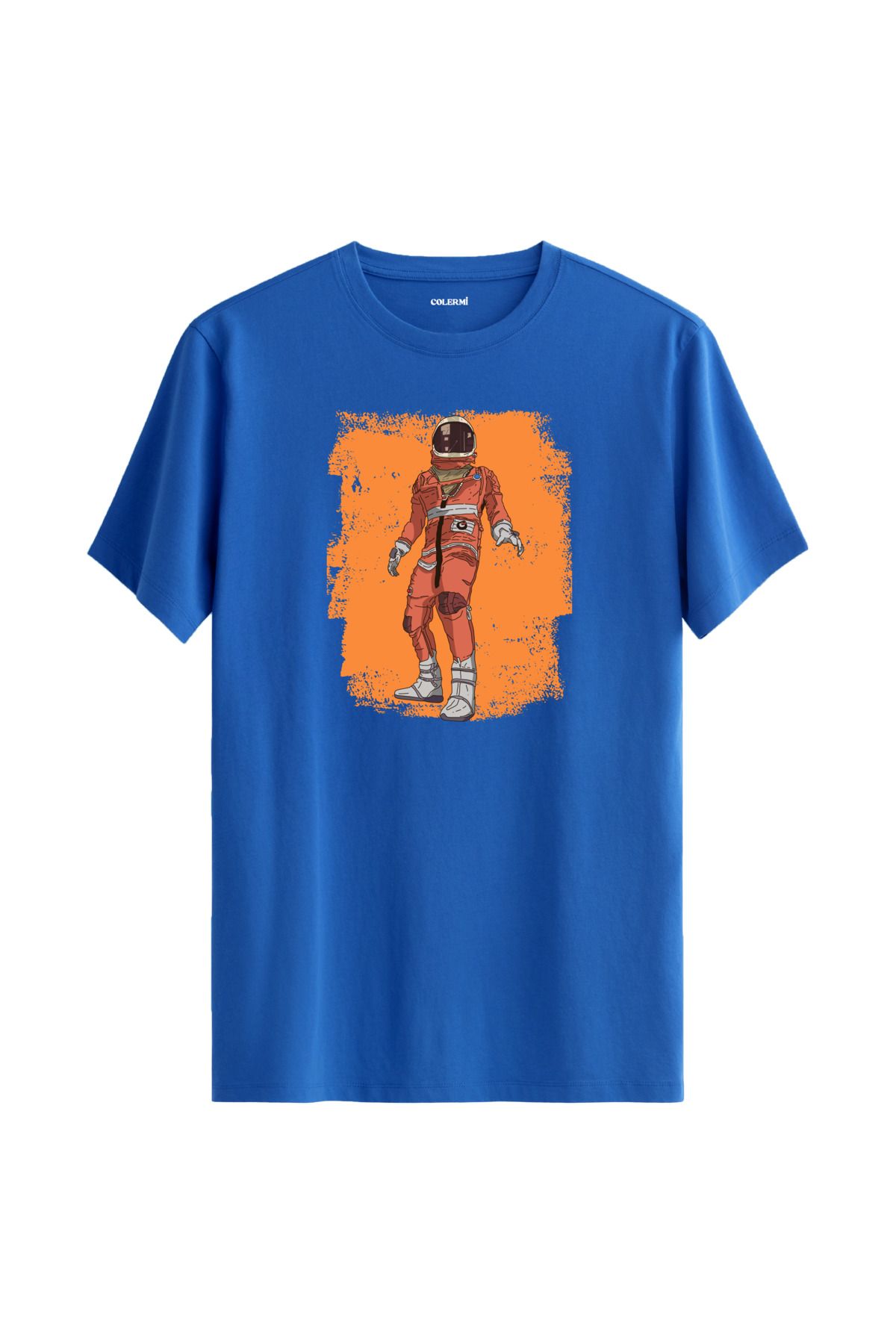 Colermi Turuncu Astronot Grafik Baskılı Unisex %100 Pamuk Mavi Tshirt
