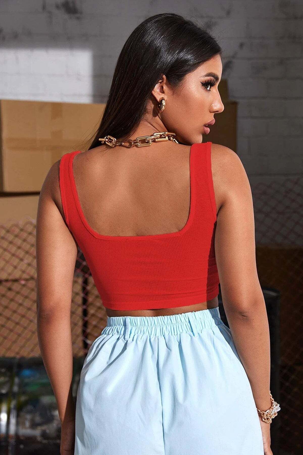Ethab Ticaret Kadın Kırmızı Kalın Askılı Crop Top Büstiyer