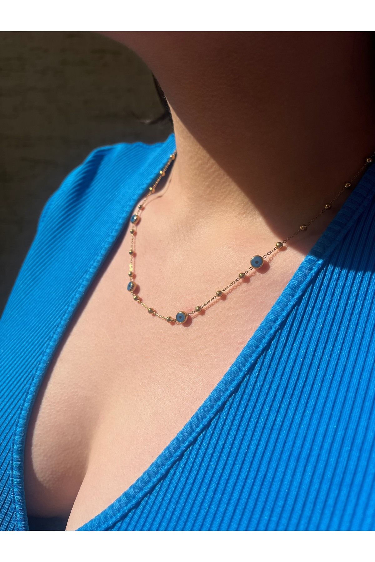 Lilac Jewelry 316L Çelik Zincir Gold Renk Zirkon Nazar Boncuklu Kolye