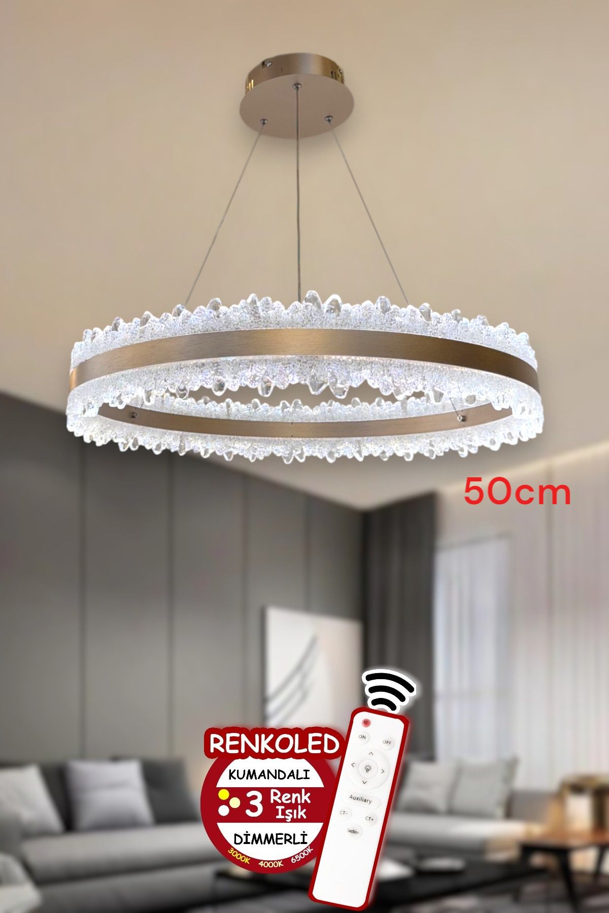 Renkoled Aydınlatma 3 Renk ışıklı kumandalı Modern Sarkıt Led Avize ledli avize Salon ,oda ,mutfak ,hol 50 CM