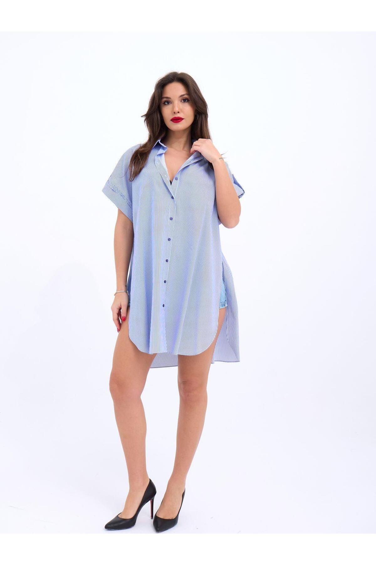ARUZ MODA 5488 GÖMLEK-MAVİ BEYAZ ÇİZGİLİ