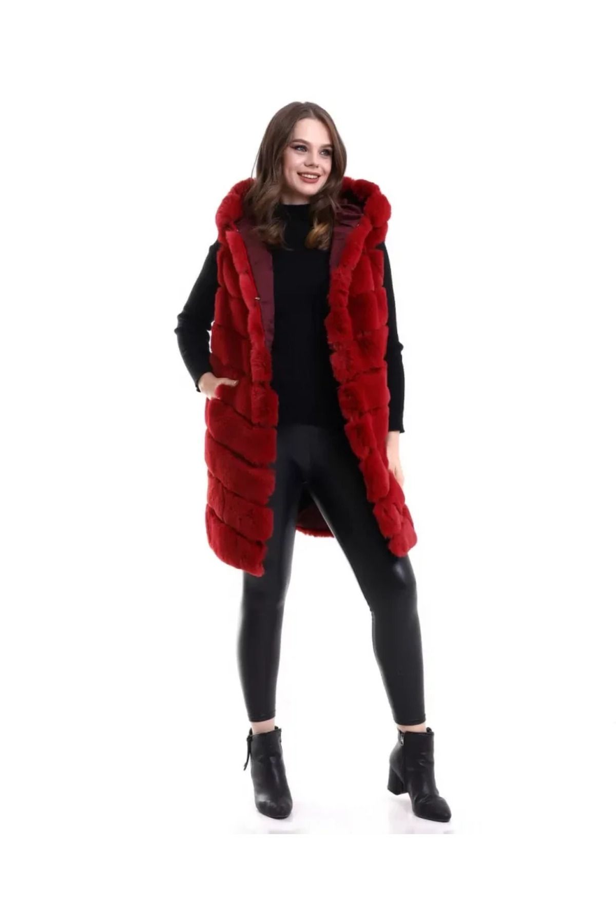 ARUZ MODA Reks Kapüşonlu Yelek - Kırmızı