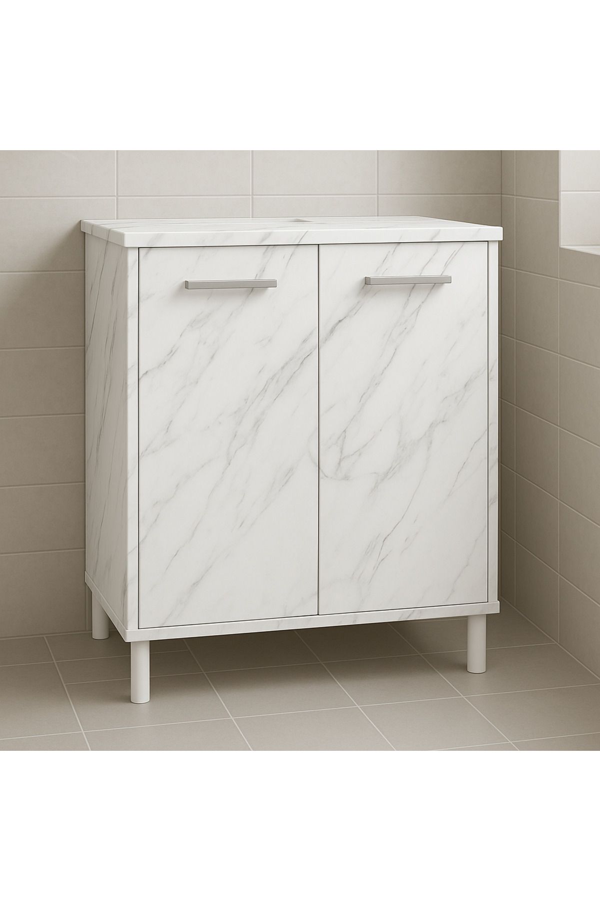 YURKUR MOBİLYA Şık Beyaz Siyah Mermer Desenli Banyo Alt Dolabı Ayaklı Lavabo Dolabı Raflı, Çift Kapaklı