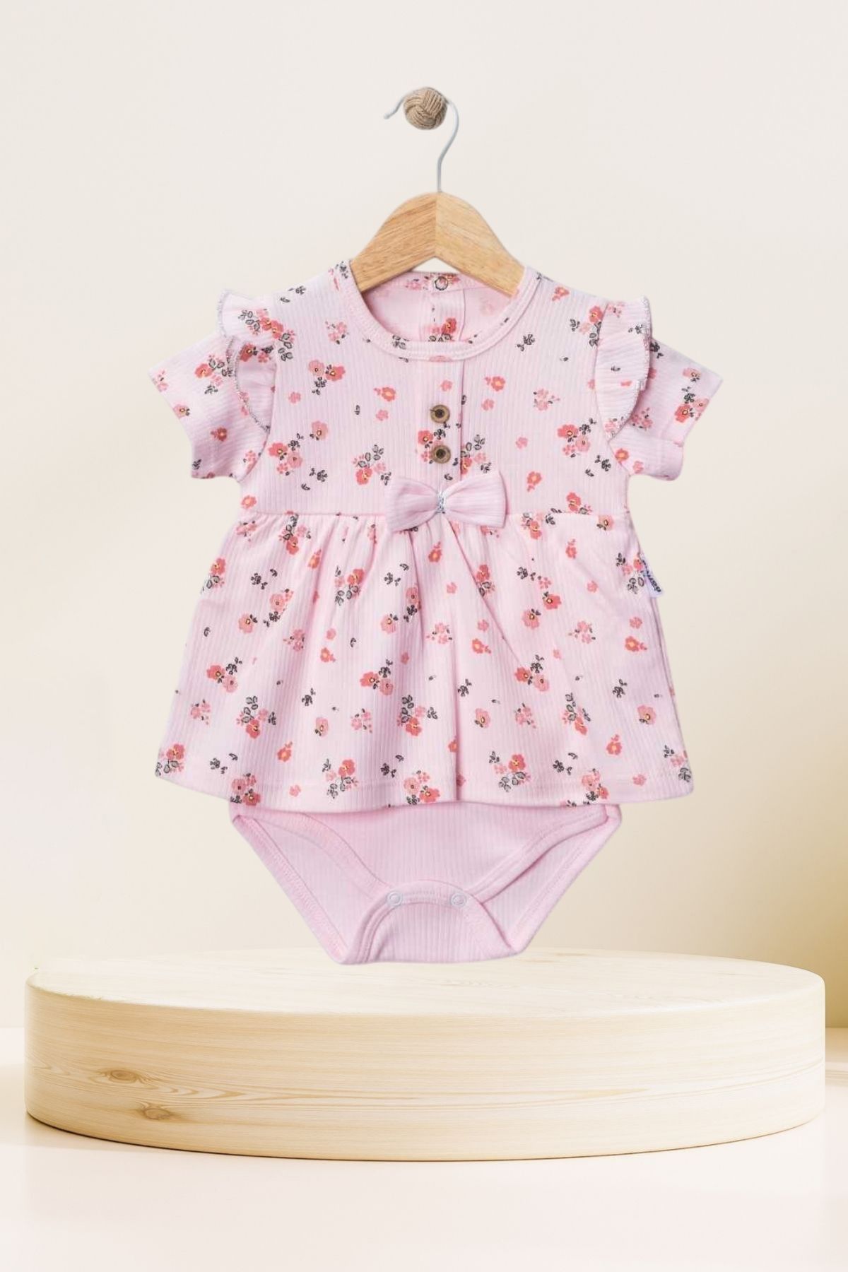 Baby s Breath Flower Piti Çiçek Desenli Kurdele Detaylı Düğmeli %100 Pamuk 9-12 Ay Kız Bebek Badi Zıbın