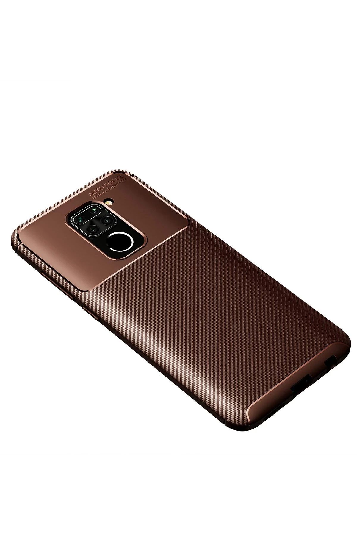 NewFace Xiaomi Redmi Note 9 Kılıf Auto Focus Karbon Kapak - Kahverengi FLKRY