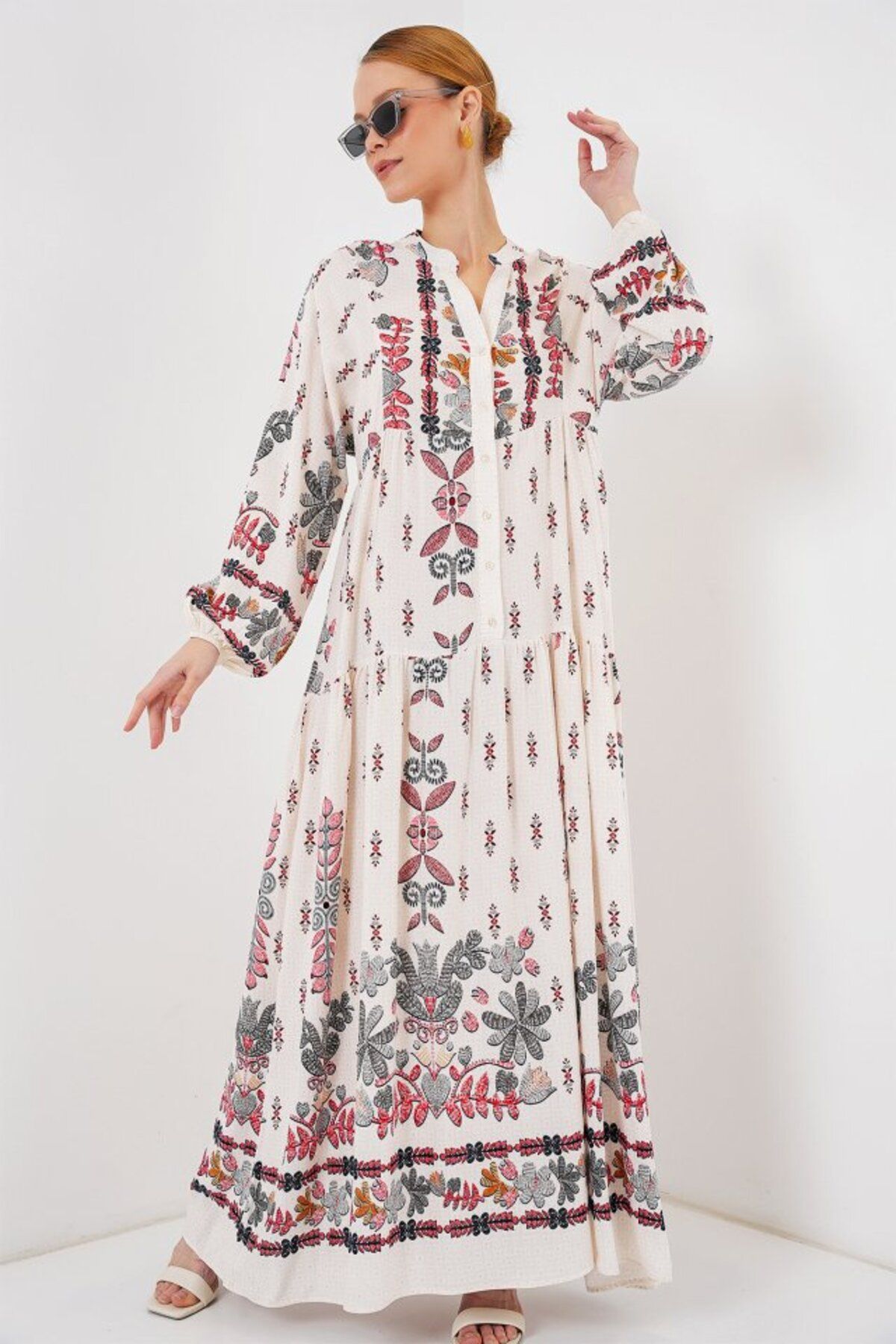 ARUZ MODA 2423 Otantik Desenli Tesettür Elbise - Z. Kırmızı