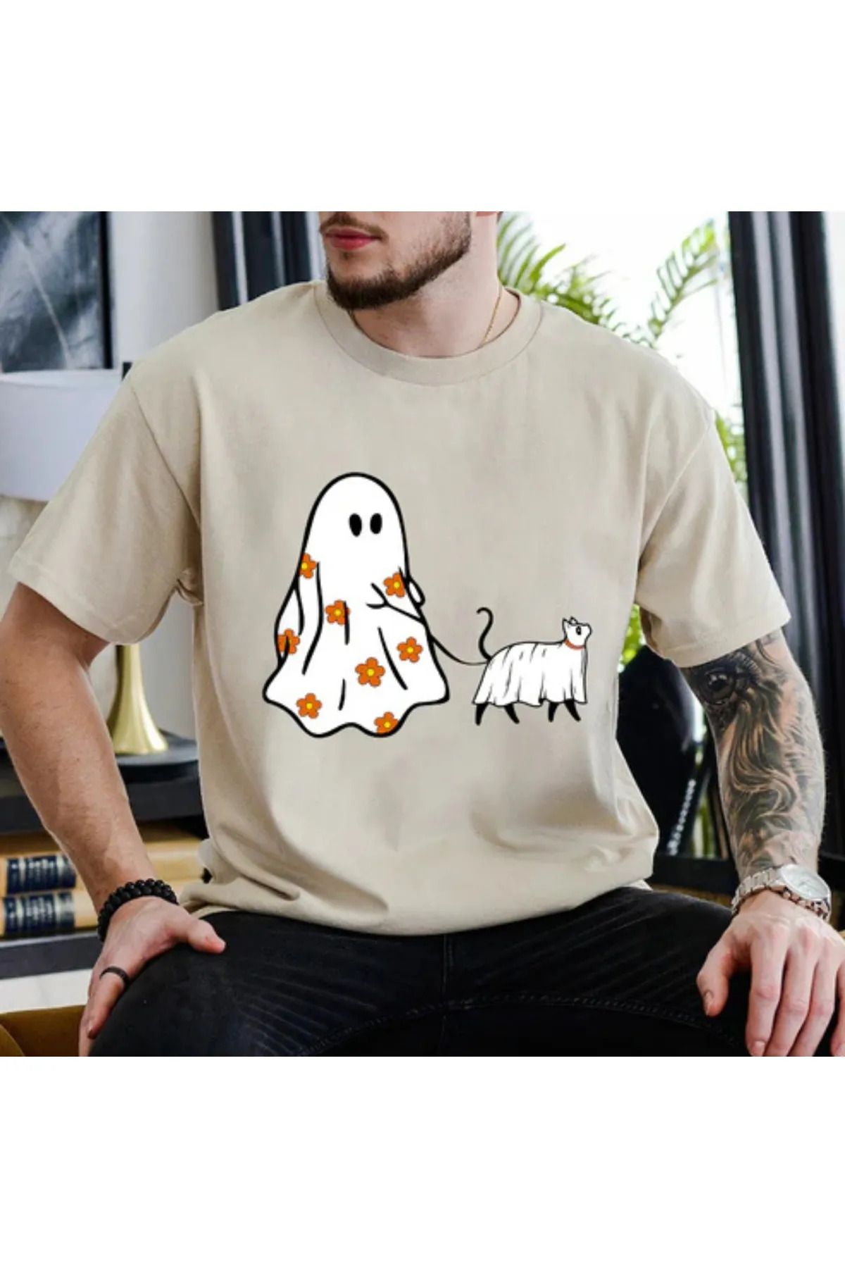 FeaR LeeS Hayalet ve Kedi Baskılı Oversize T-shirt