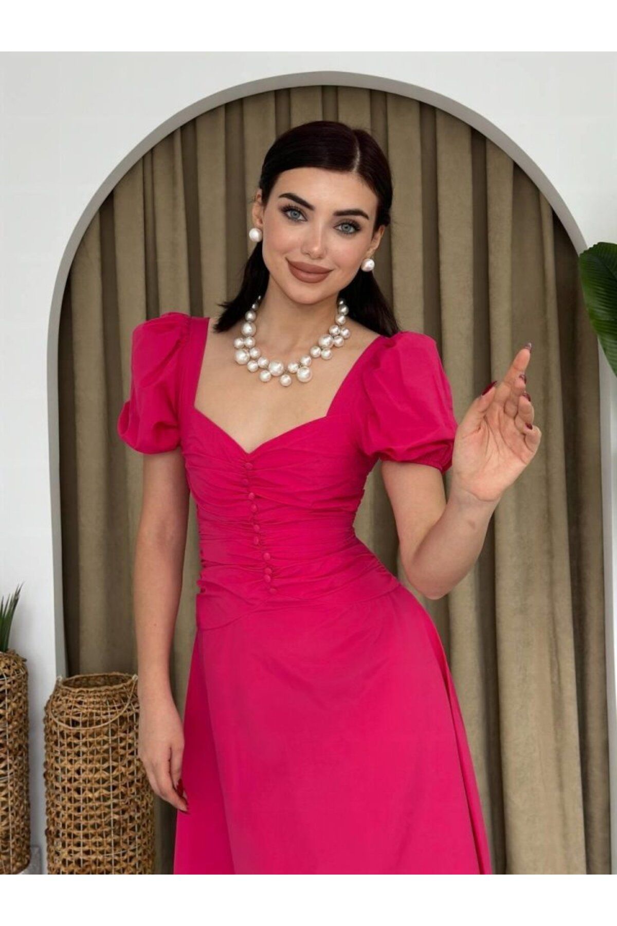 ARUZ MODA Kare Yaka Düğmeli Elbise