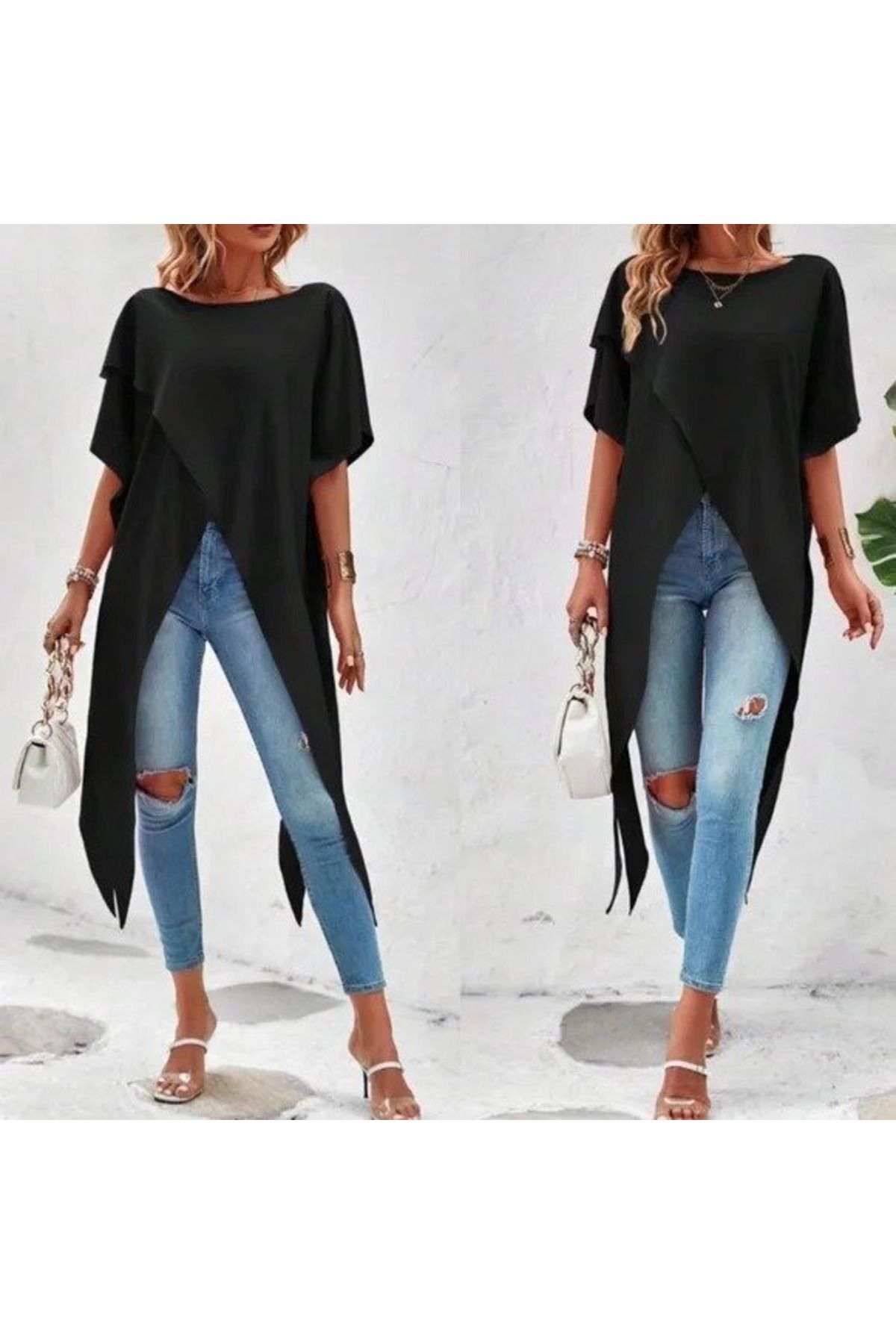 ARUZ MODA Kadın Kısa Kollu Asimetrik Kesim Sandy Uzun Bluz