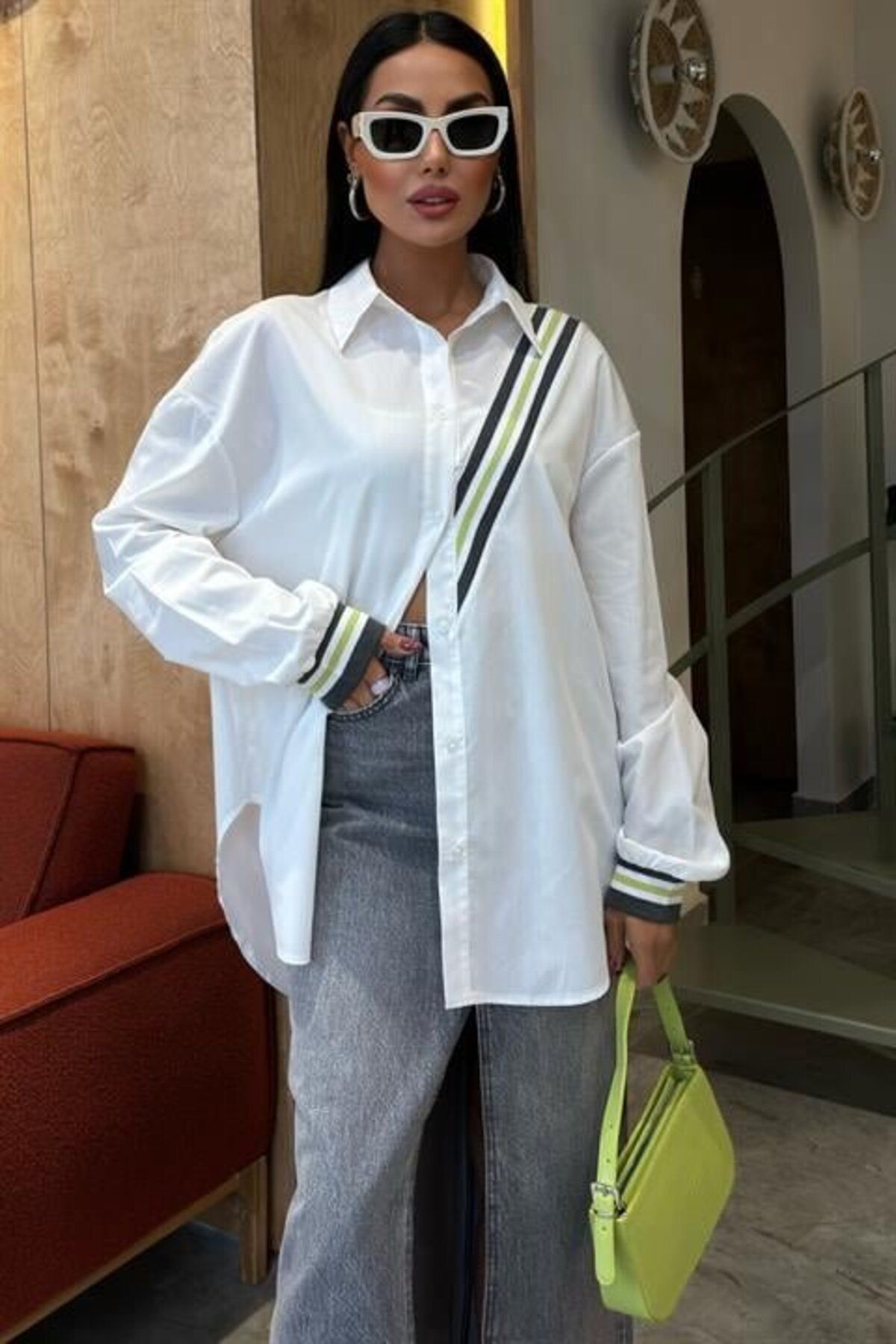 ARUZ MODA Bant Detaylı Oversize Poplin Gömlek 3436