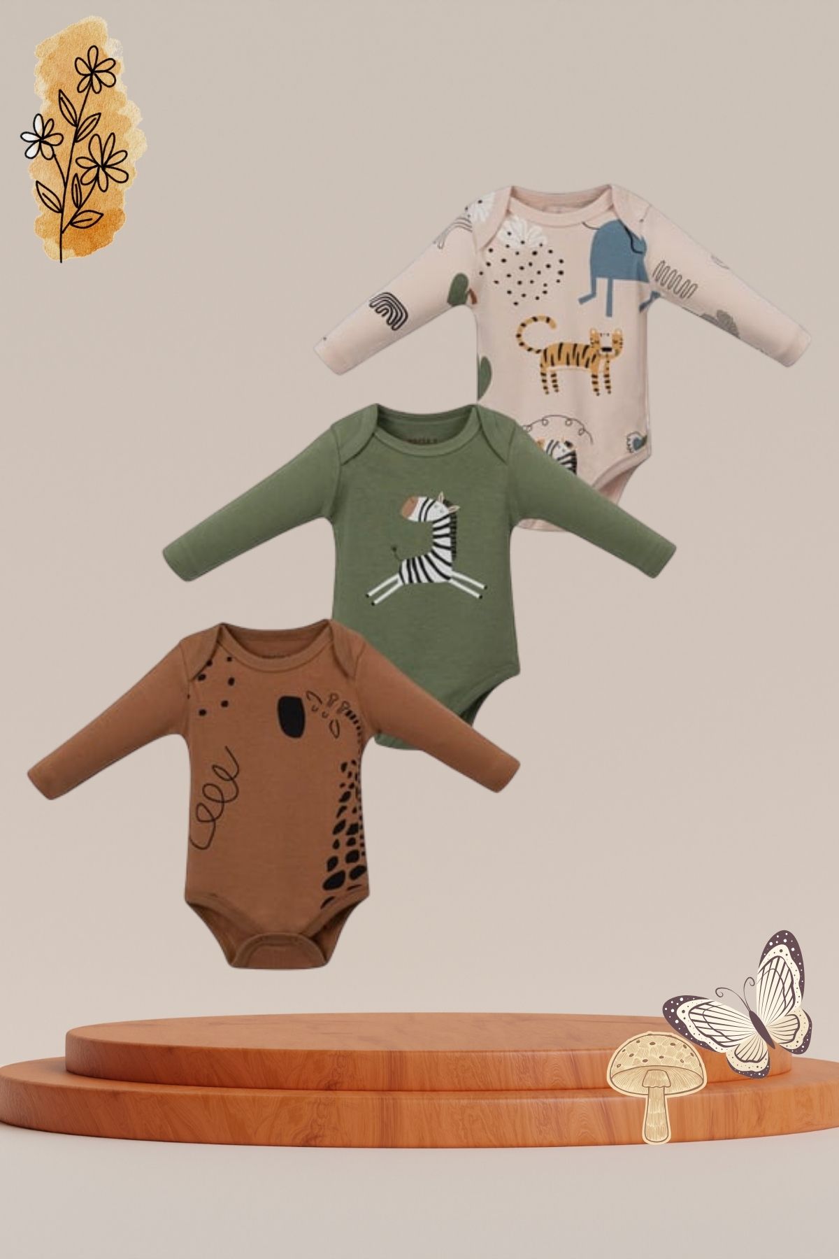 Baby s Breath Flower Zürafa Zebra Safari Hayvanlar Desenli Çıtçıtlı 3'lü %100 Pamuk 0-3-6 Ay Erkek Bebek Body Zıbın