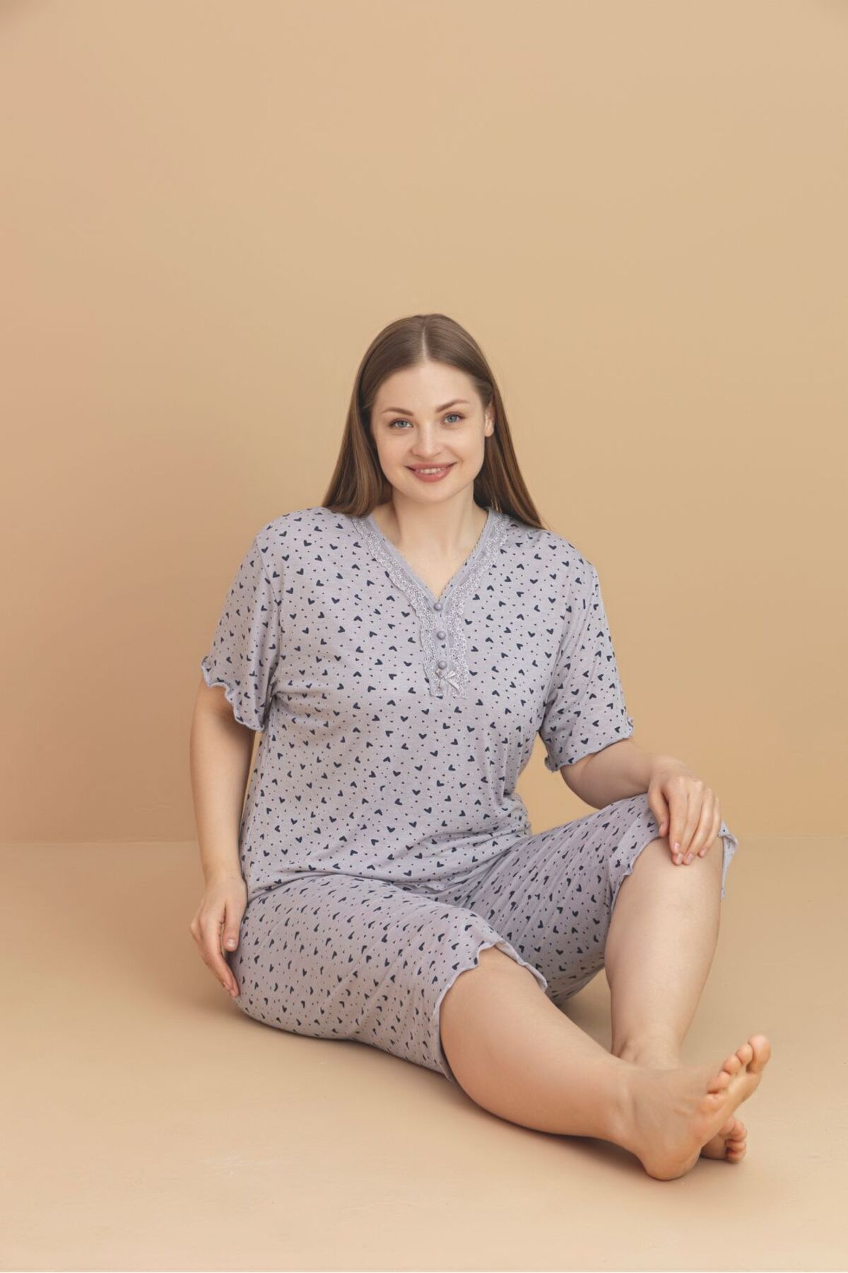 Temporium Kadın Büyük Beden Kısa Kollu Kapri Bambu Pijama Takımı