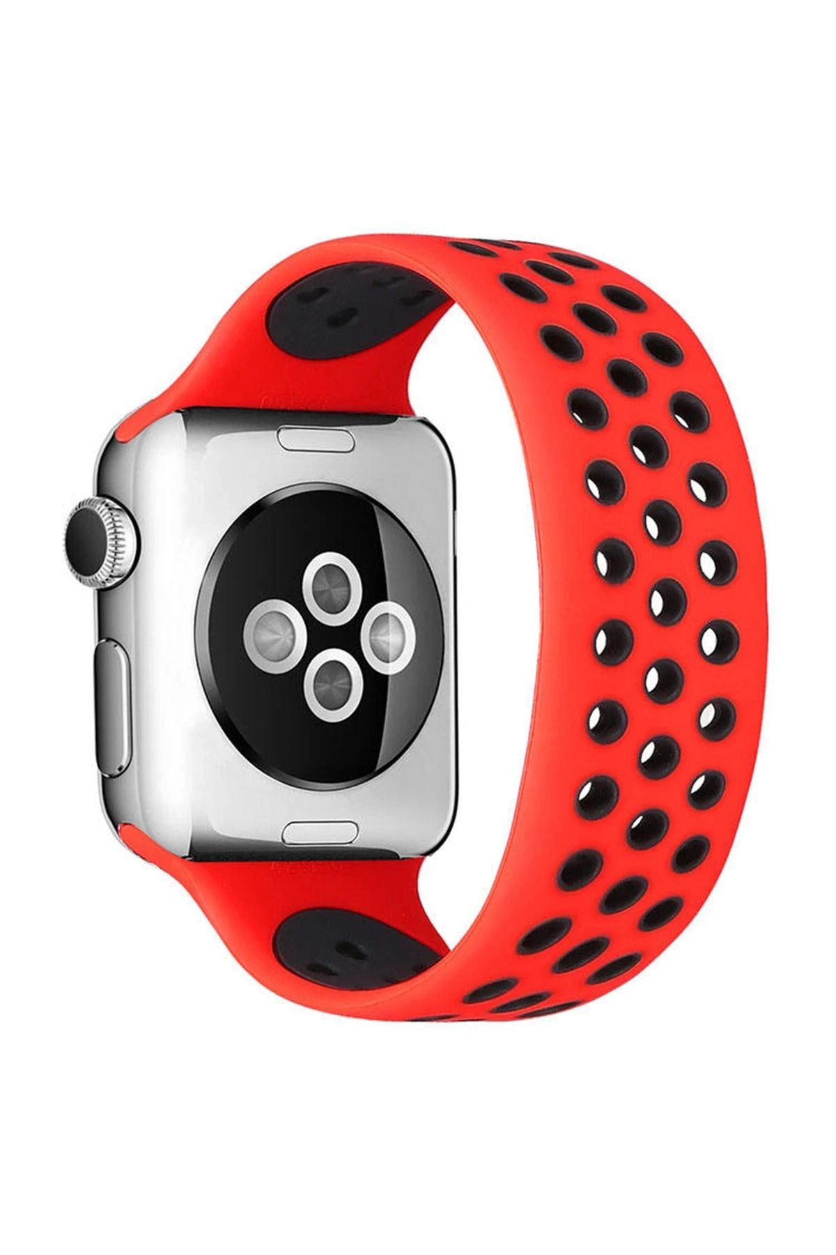 NewFace Apple Watch 42mm Ayarlı Delikli Silikon Kordon - Kırmızı-Siyah BSTMY