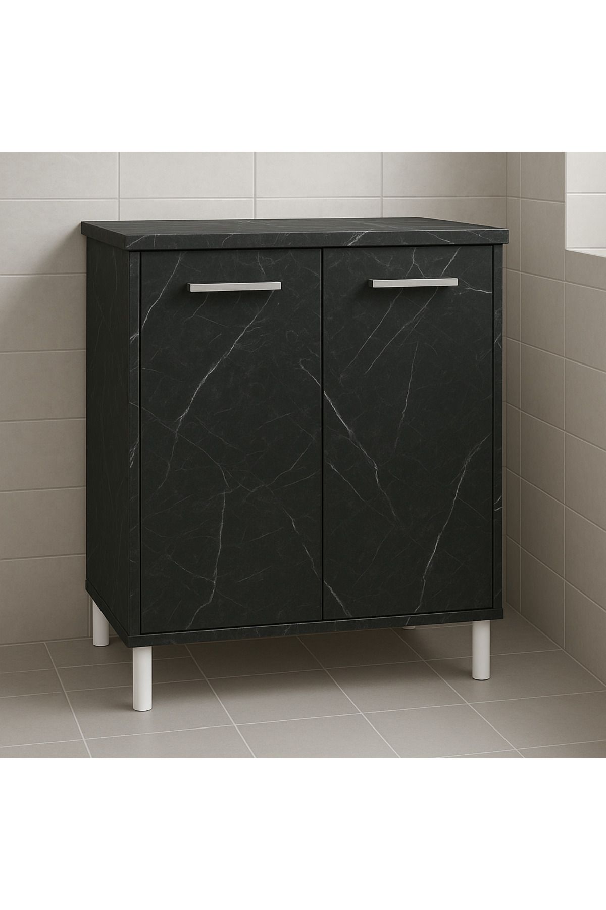 YURKUR MOBİLYA Şık Beyaz Siyah Mermer Desenli Banyo Alt Dolabı Ayaklı Lavabo Dolabı Raflı, Çift Kapaklı