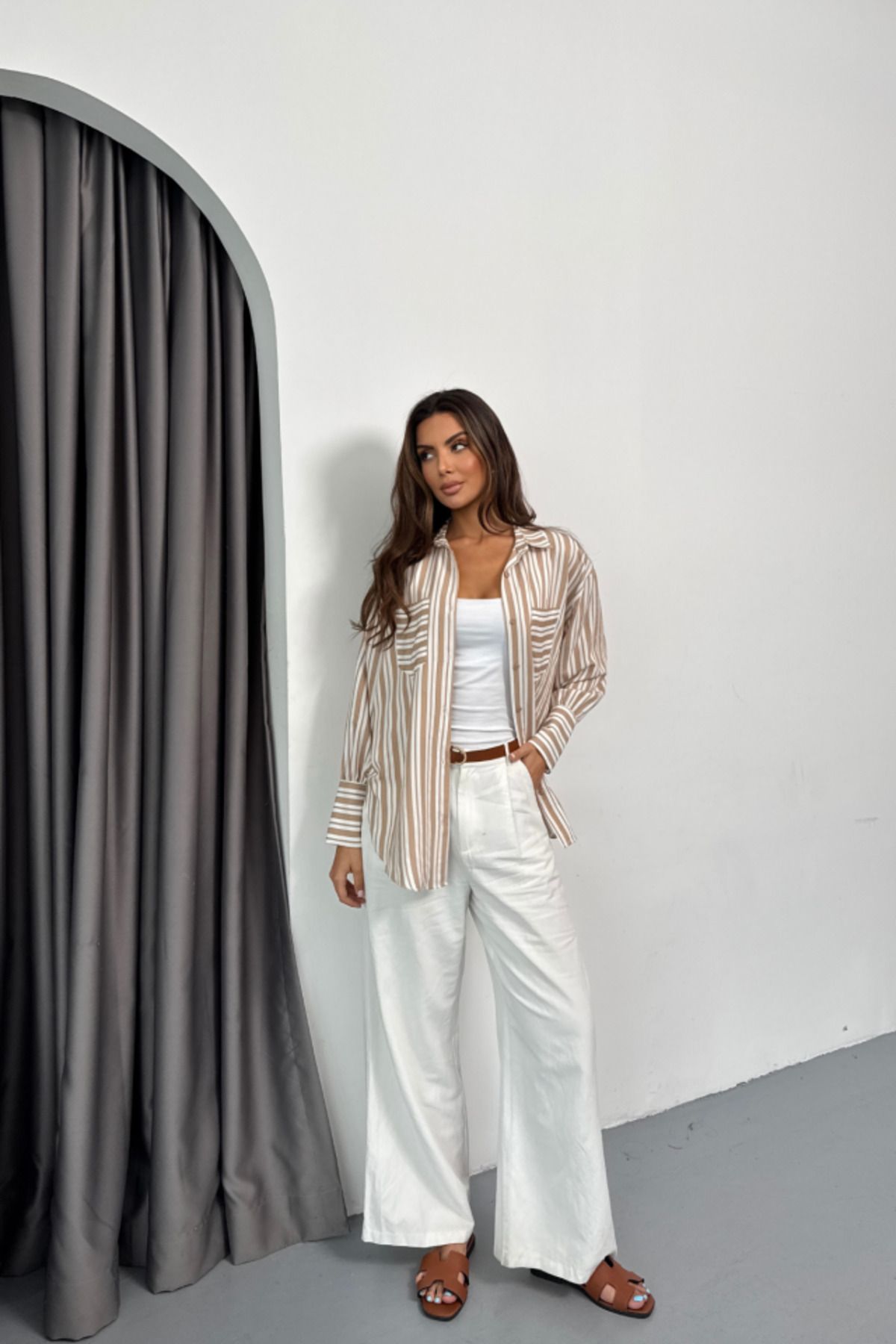 ARUZ MODA ÇİZGİLİ GÖMLEK - Bej