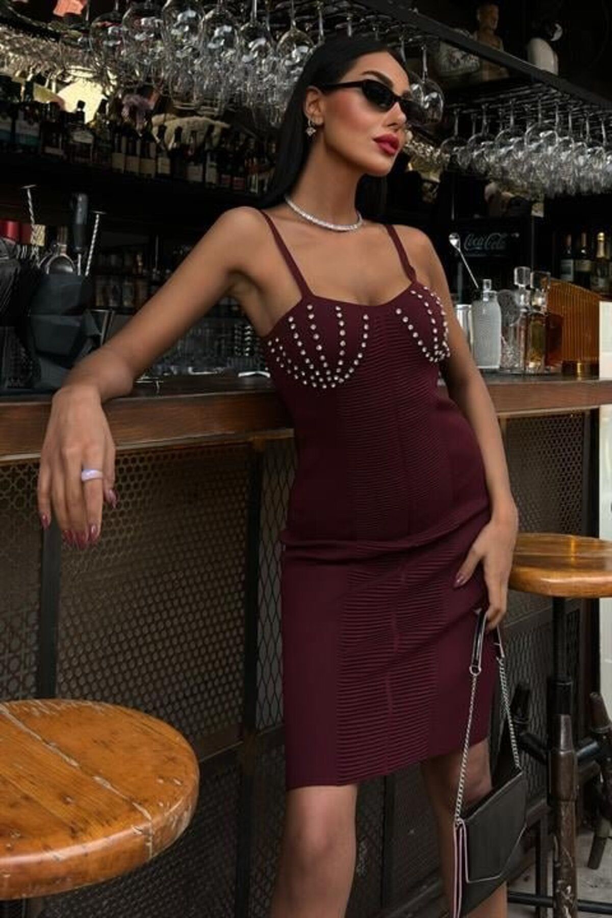 ARUZ MODA Belina Taş Detaylıı Mini Elbise 2804