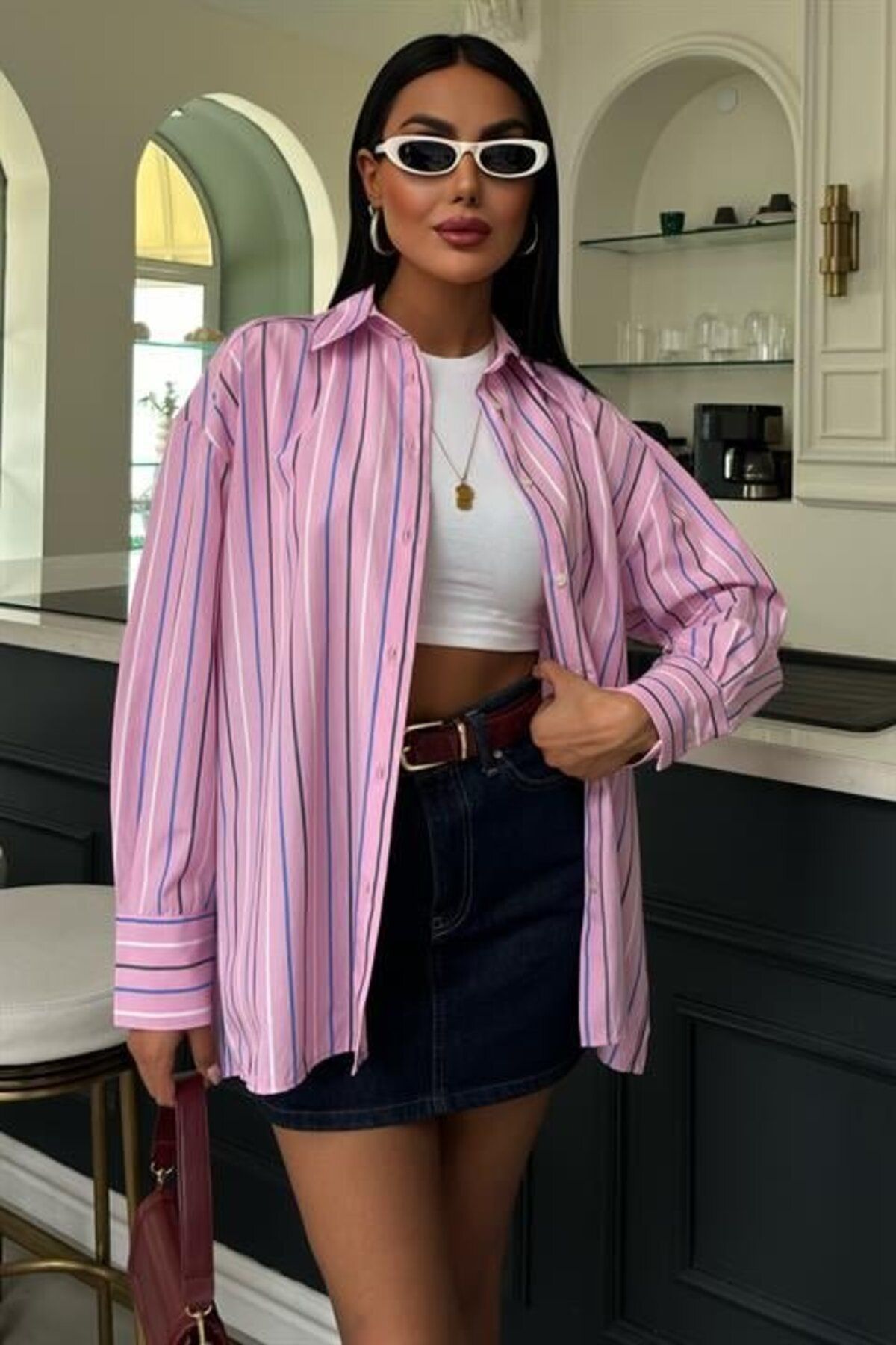ARUZ MODA Çizgili Pembe Poplin Gömlek 3451