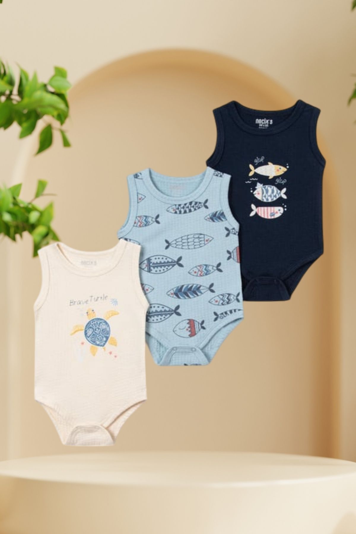 Baby s Breath Flower Sevimli Deniz Canlıları Desenli Nakışlı Çıtçıtlı 3'lü %100 Pamuk 0-3-6 Ay Erkek Bebek Body Zıbın