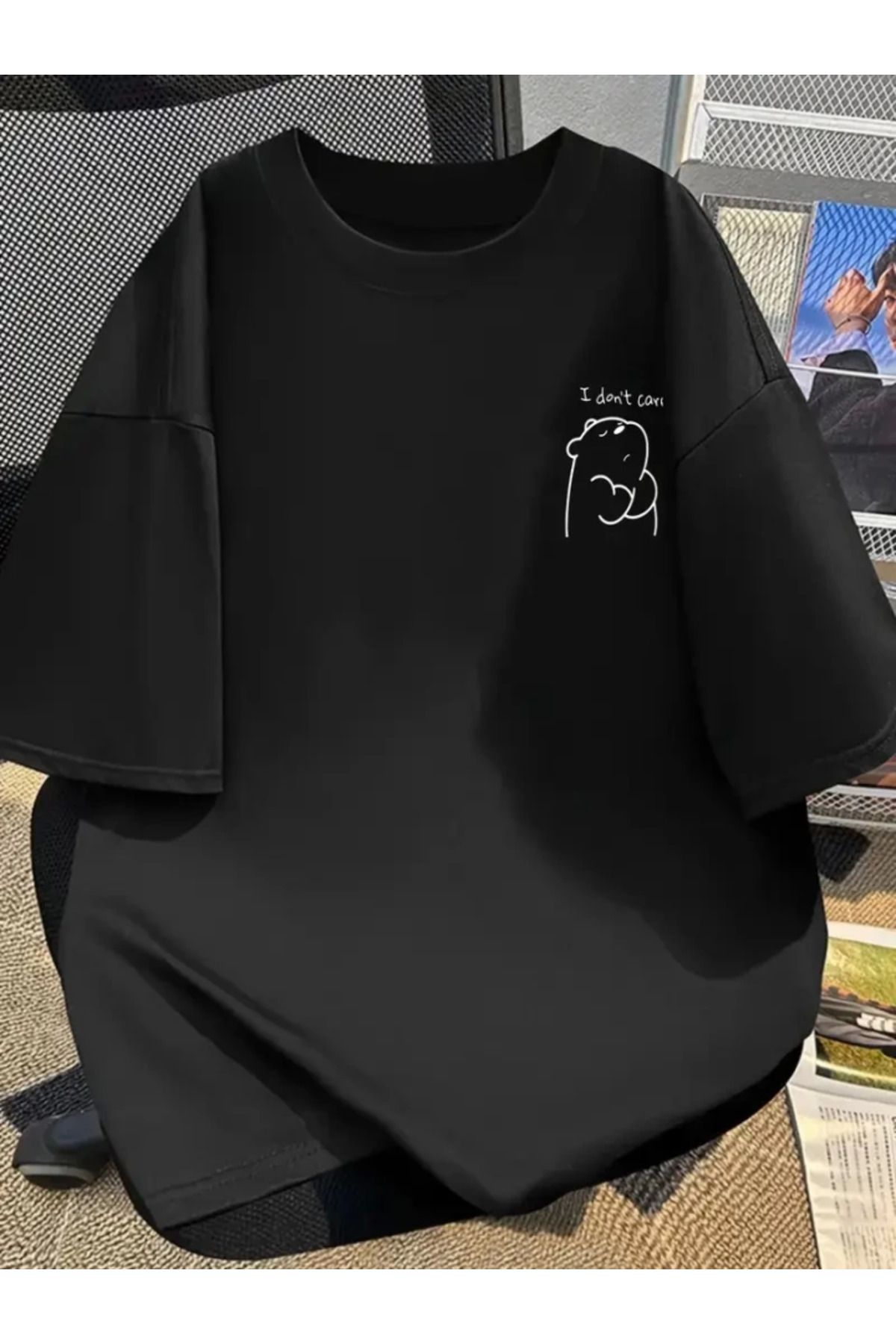ARUZ MODA Baskılı Oversize Bisiklet Yaka T-shirt - Siyah
