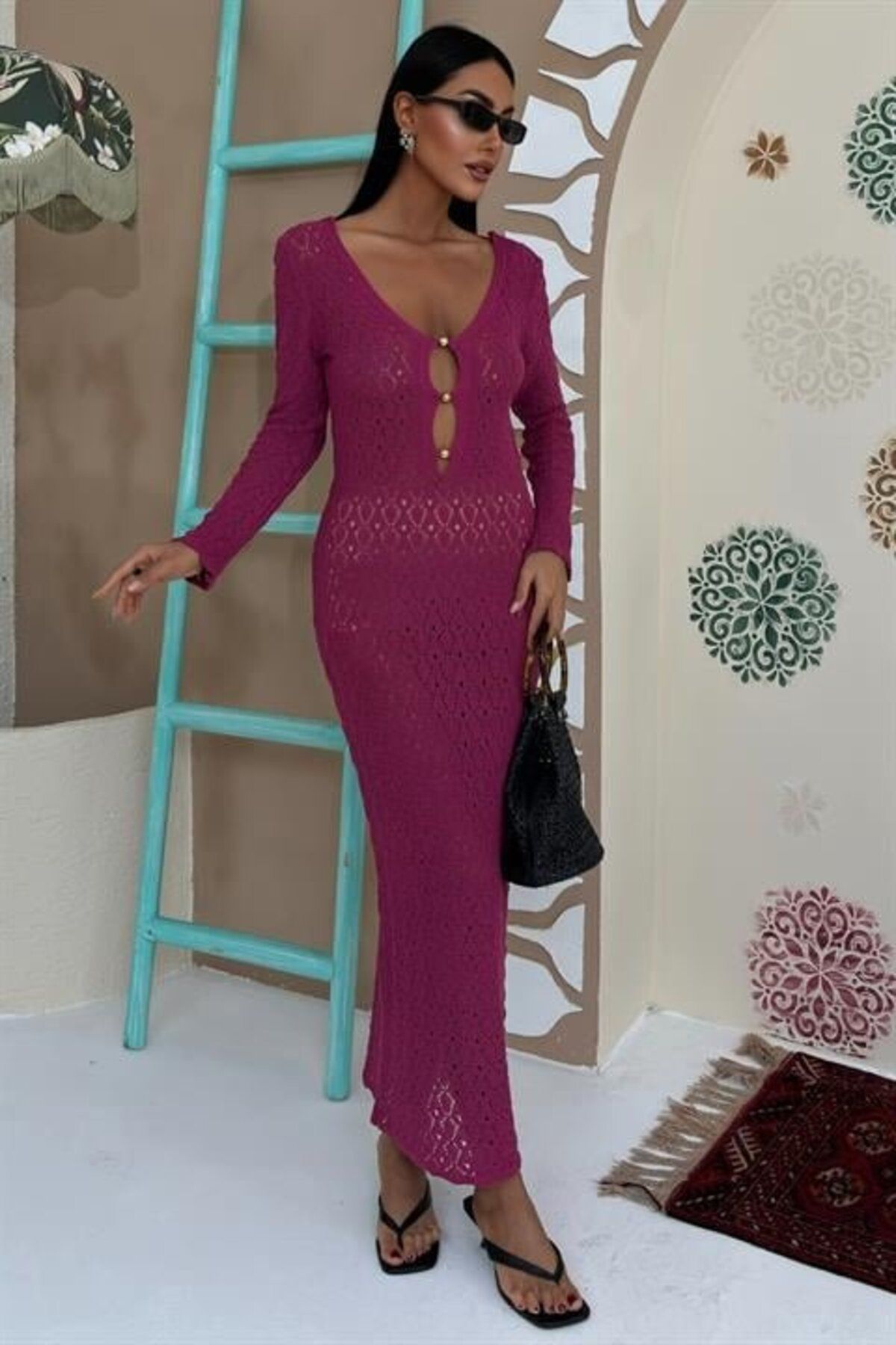 ARUZ MODA Göğüs Aksesuar Ve Pencereli Triko Elbise 2852
