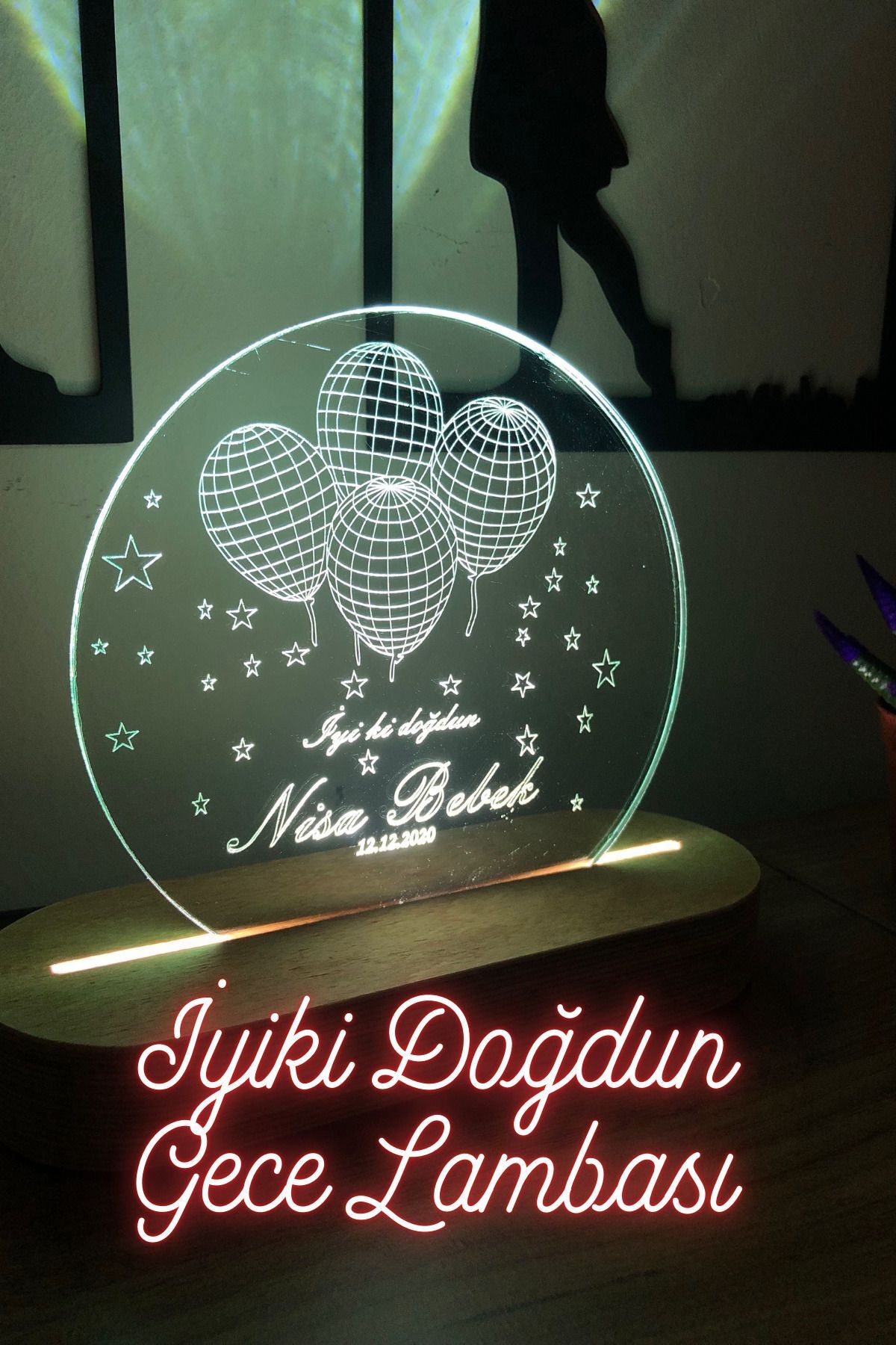 Tasarım İyiki Doğdun Gece Lambası - Cam' A Lazer Kazıma - Hediye - Ahşap (KİŞİSELLEŞTİRİLEBİLİR)