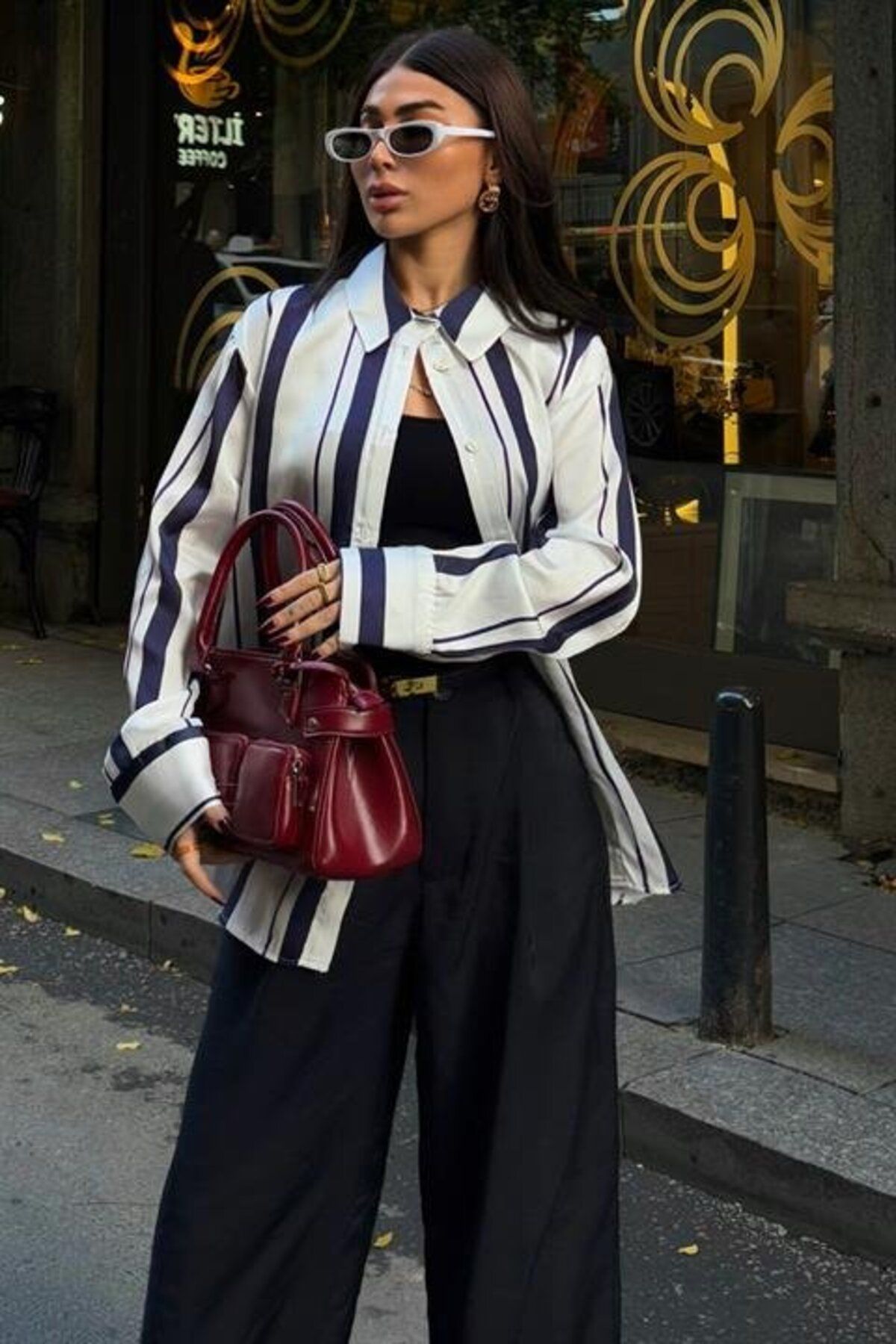 ARUZ MODA Çift Çizgili Saten Gömlek 3416