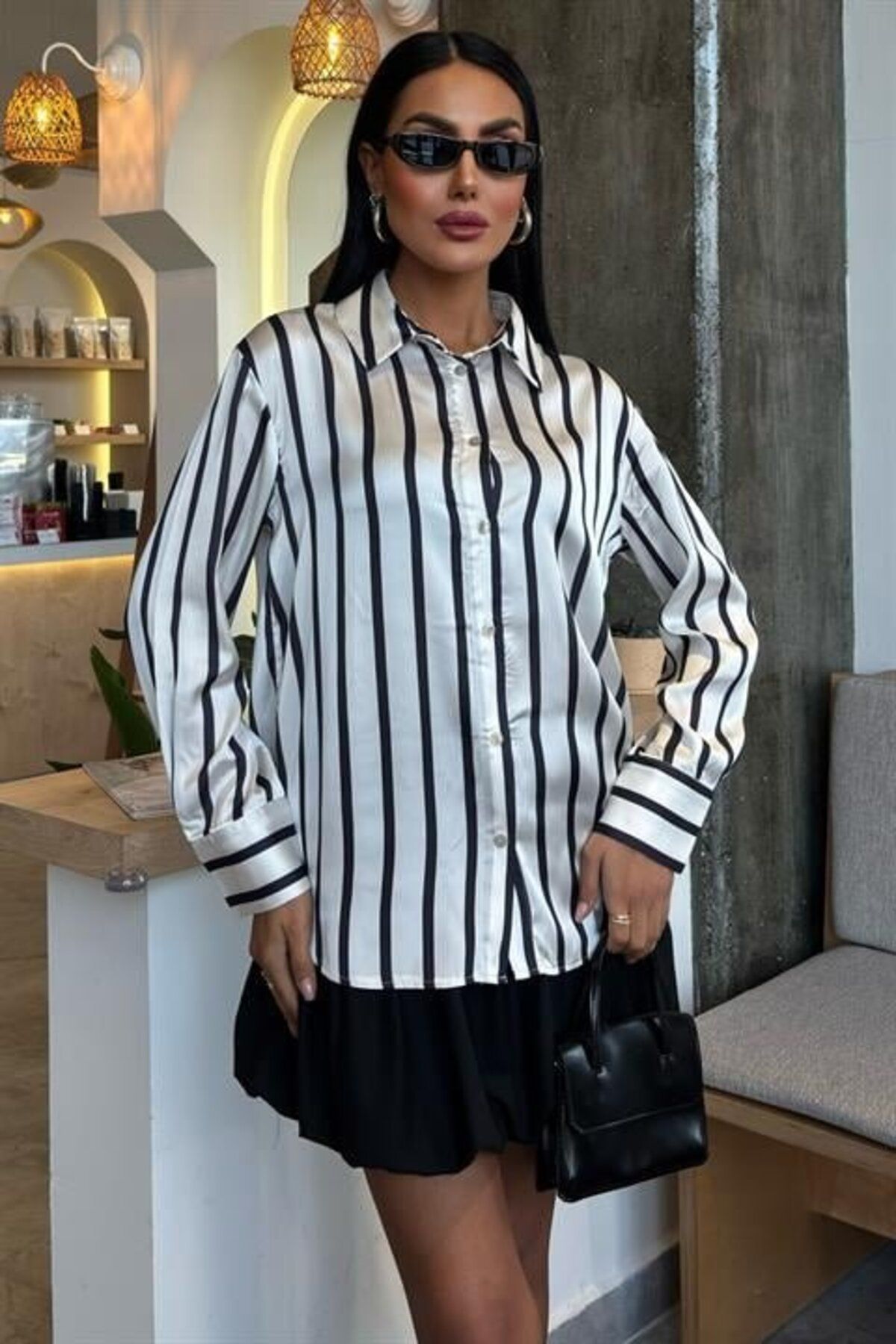 ARUZ MODA İnce Çizgili Saten Gömlek 3434