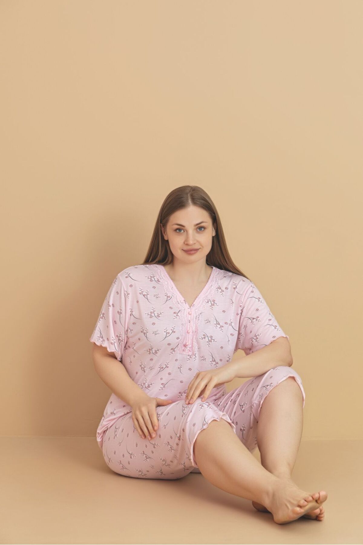 Temporium Kadın Büyük Beden Kısa Kollu Kapri Bambu Pijama Takımı