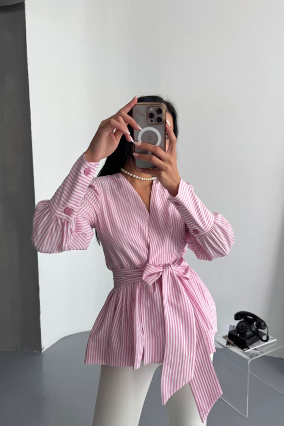 ARUZ MODA ÇİZGİLİ BAĞLAMA DETAYLI KRUVAZE POPLİN GÖMLEK - Pembe