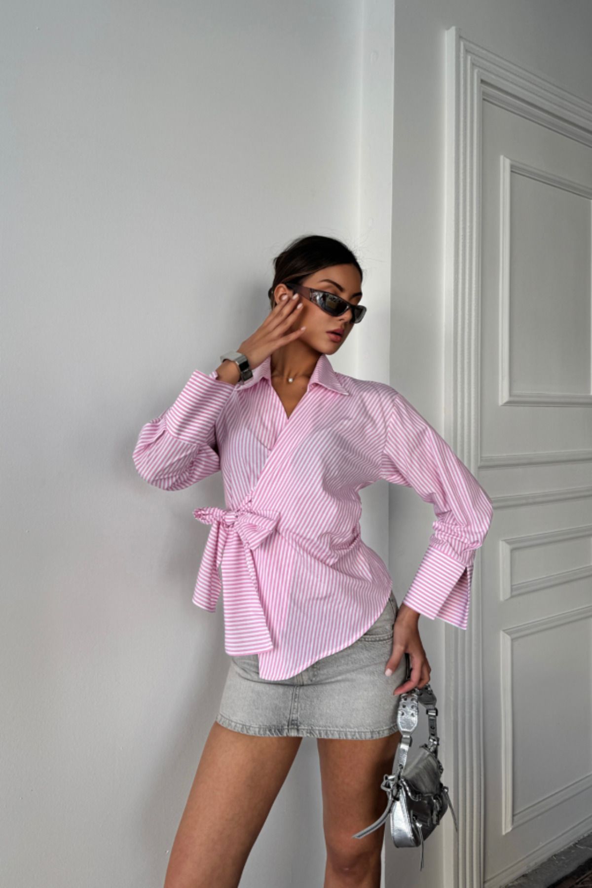 ARUZ MODA ÇİZGİLİ POPLİN KRUVAZE BAĞLAMALI GÖMLEK - Pembe