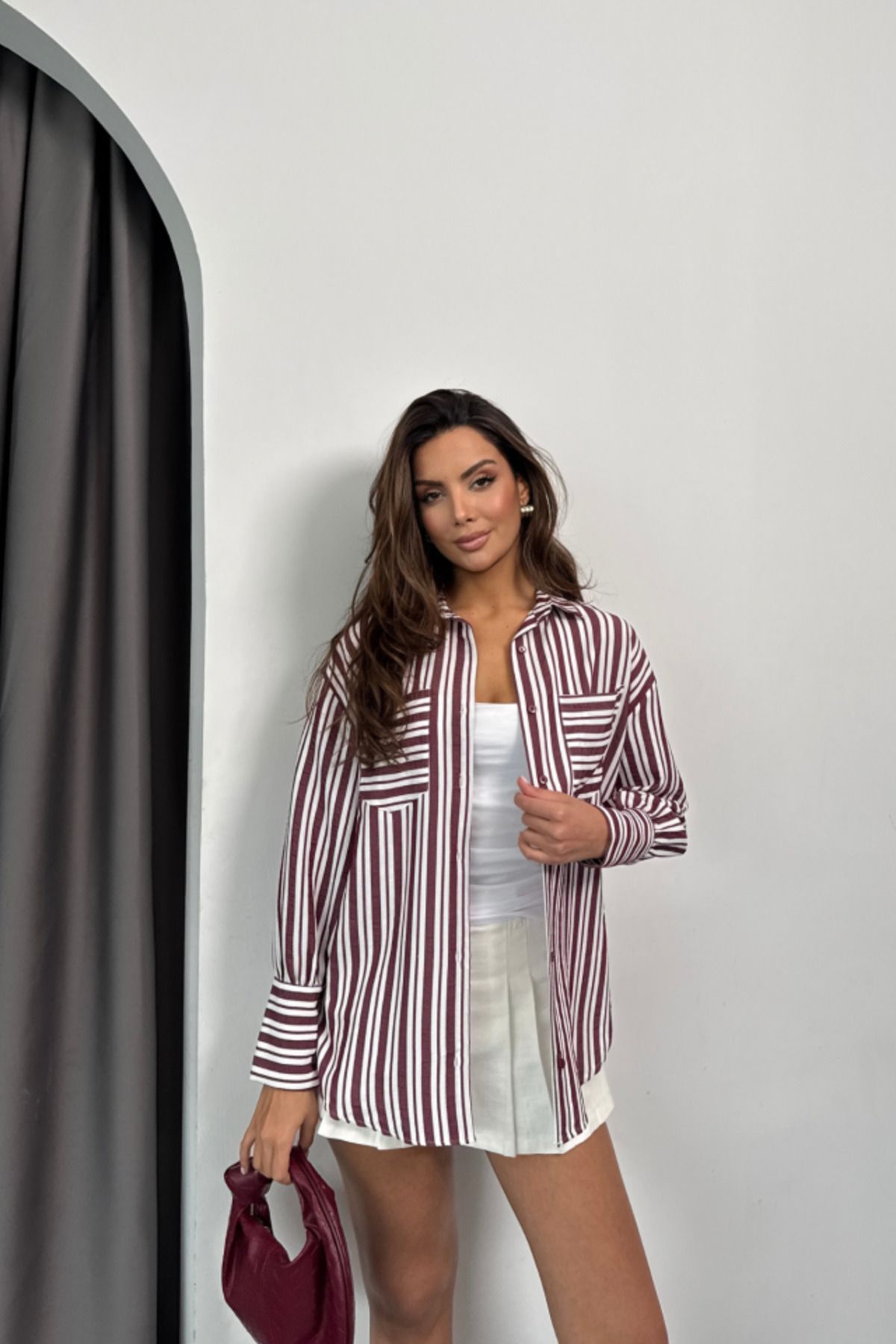 ARUZ MODA ÇİZGİLİ GÖMLEK - Bordo
